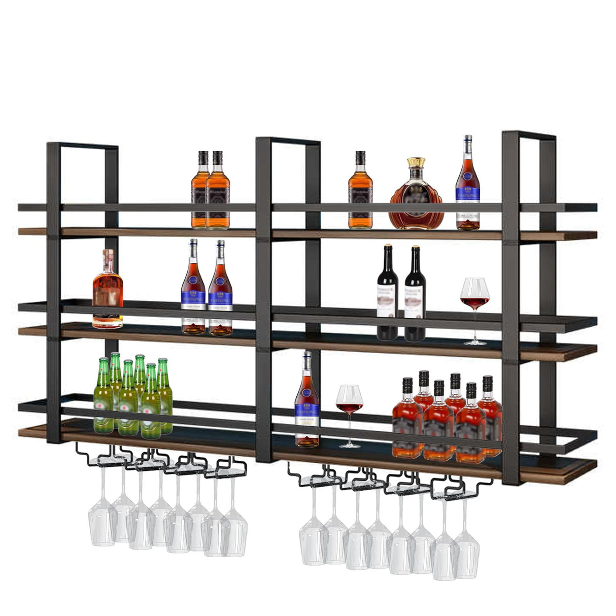 Wall Mounted Wine Rack with LED Light, 55.1in Large Wine Bottles Display Shelf with Glasses Holder, 3 Tier Metal Bar Shelves, Industrial Liquor Shelves for Home Bar, Dining Room & Kitchen (55.1in) DSVONAUS