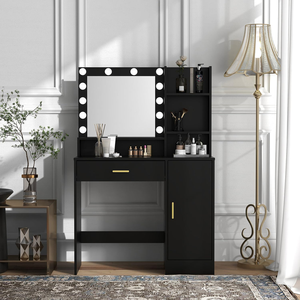 Vanity Desk, Vanity Mirror with Lights and Table Set with 1 Big Drawers, 1 Cabinet & 4 Shelves Makeup Vanity Set 3 Lighting Modes Brightness Adjustable Dressing Table (Black) Panana