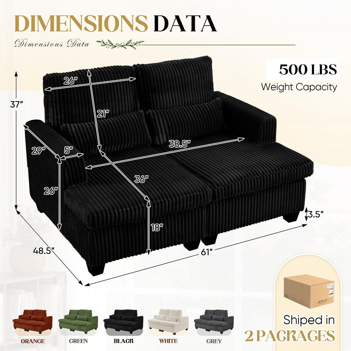 JEEOHEY Double Chaise Lounge Chair Indoor, 61" W Corduroy Small Loveseat Couch with Adjustable Backrest, Modern Comfy Couch, Deep Seat Sofa, Leisure Sleeper Sofa Bed for Living Room,Bedroom(Black) JEEOHEY