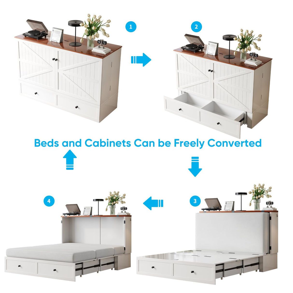 Mjkone 57.5" Width Full Size Cabinet Murphy Bed with Charging Station, Mattress Included, Storage Murphy Bed Chest Wall Cabinets Beds with Foldable Panel for Guest Small Spaces, Home Offices, White Mjkone