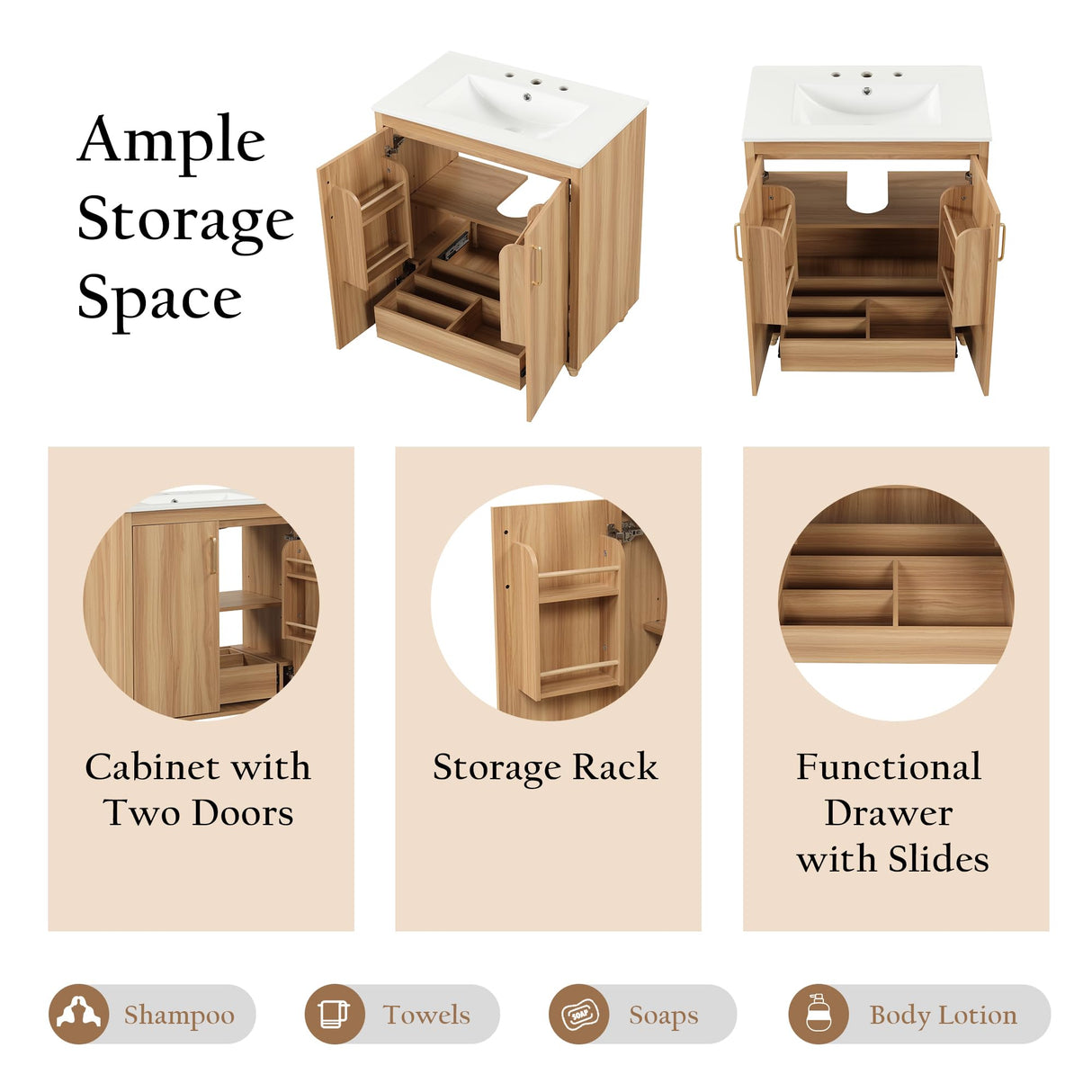 LUMISOL 30" Bathroom Vanity with Sink Combo, Wood Bathroom Storage Cabinet with 1 Drawer and 2 Doors, Multifunctional Racks, Solid Wood Bathroom Vanity with Ceramic Sink, Natural LUMISOL