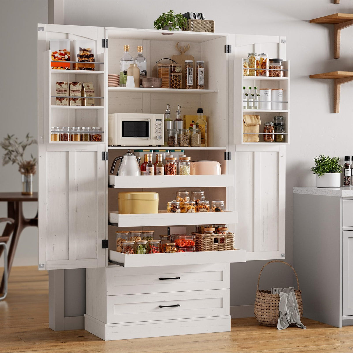 ONBRILL 71" Tall Farmhouse Kitchen Pantry Cabinet with 3 Pull Out Shelves & 2 Large Drawers, Pantry Storage Cabinet with 6 Door Shelves & Adjustable Shelf, Freestanding Pantry for Kitchen, Dining Room ONBRILL