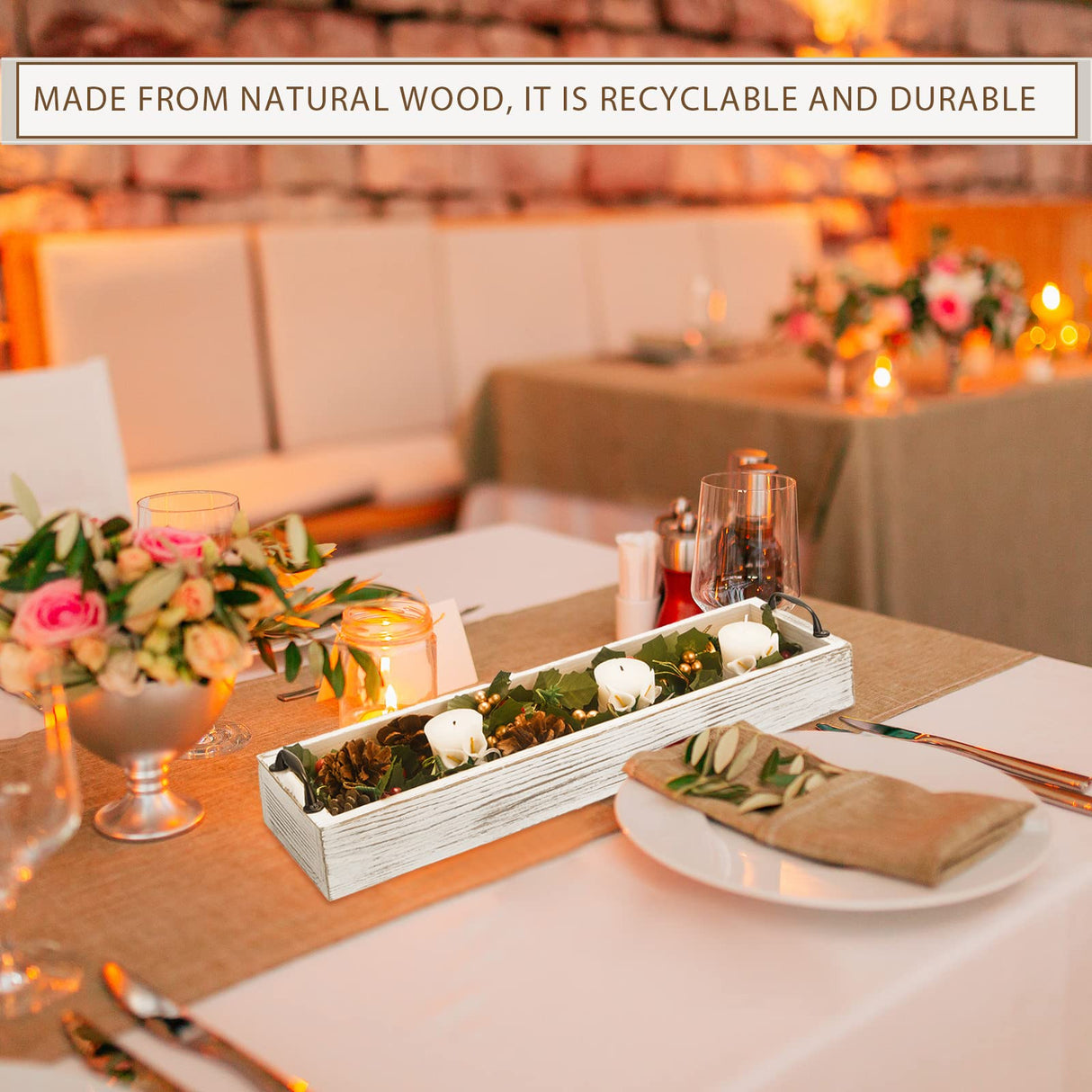 2 Pack Rustic Wooden Serving Trays Rustic Wooden Long Serving Trays with Handle Rectangular Ottoman Tray for Home Room Coffee Table Farmhouse Serving Decoration (Whitewashed) Maitys