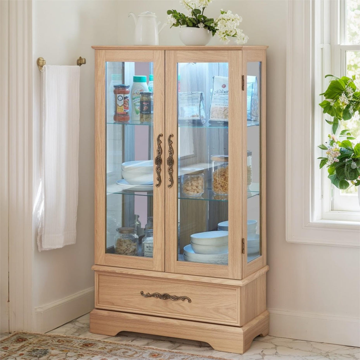 CKEASEAN LED Curio Cabinet with 7 Color Lights, 47" H Glass Display Cabinet with 3-Tier Adjustable Shelves, China Cabinet with Tempered Glass Doors for Living Room (Oak - LED) CKEASEAN