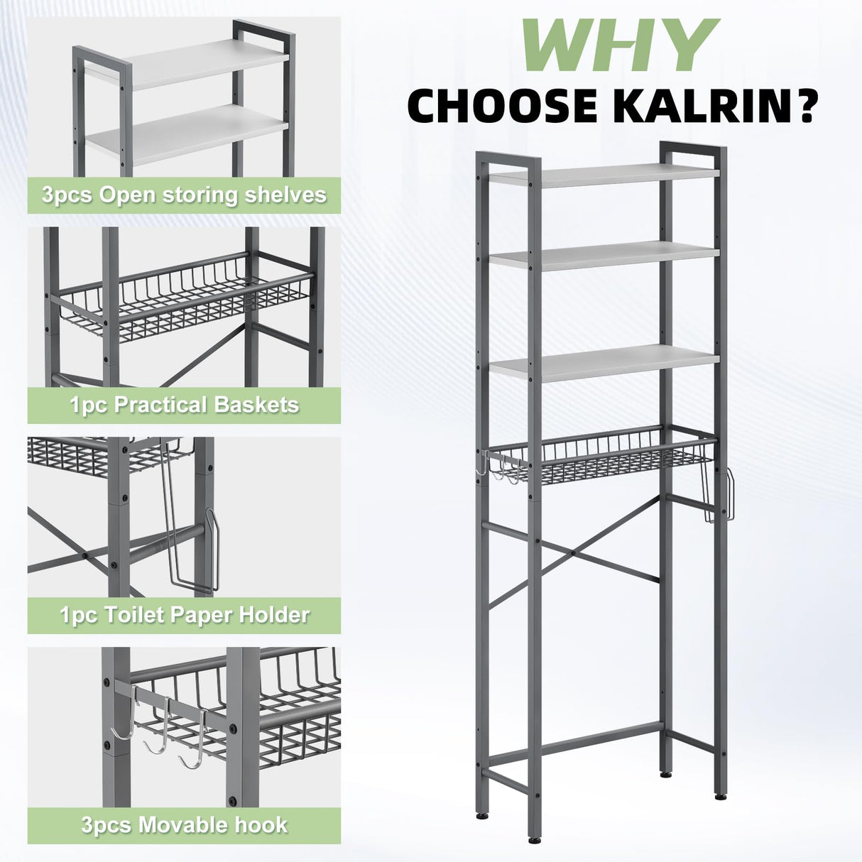 Kalrin Over-The-Toilet Storage Rack, 4-Tier Bathroom Organizer Shelf Over Toilet with Adjustable Shelf and Basket, Freestanding Space Saver Bathroom Shelves Above Toilet for Room (Gray- White) Kalrin