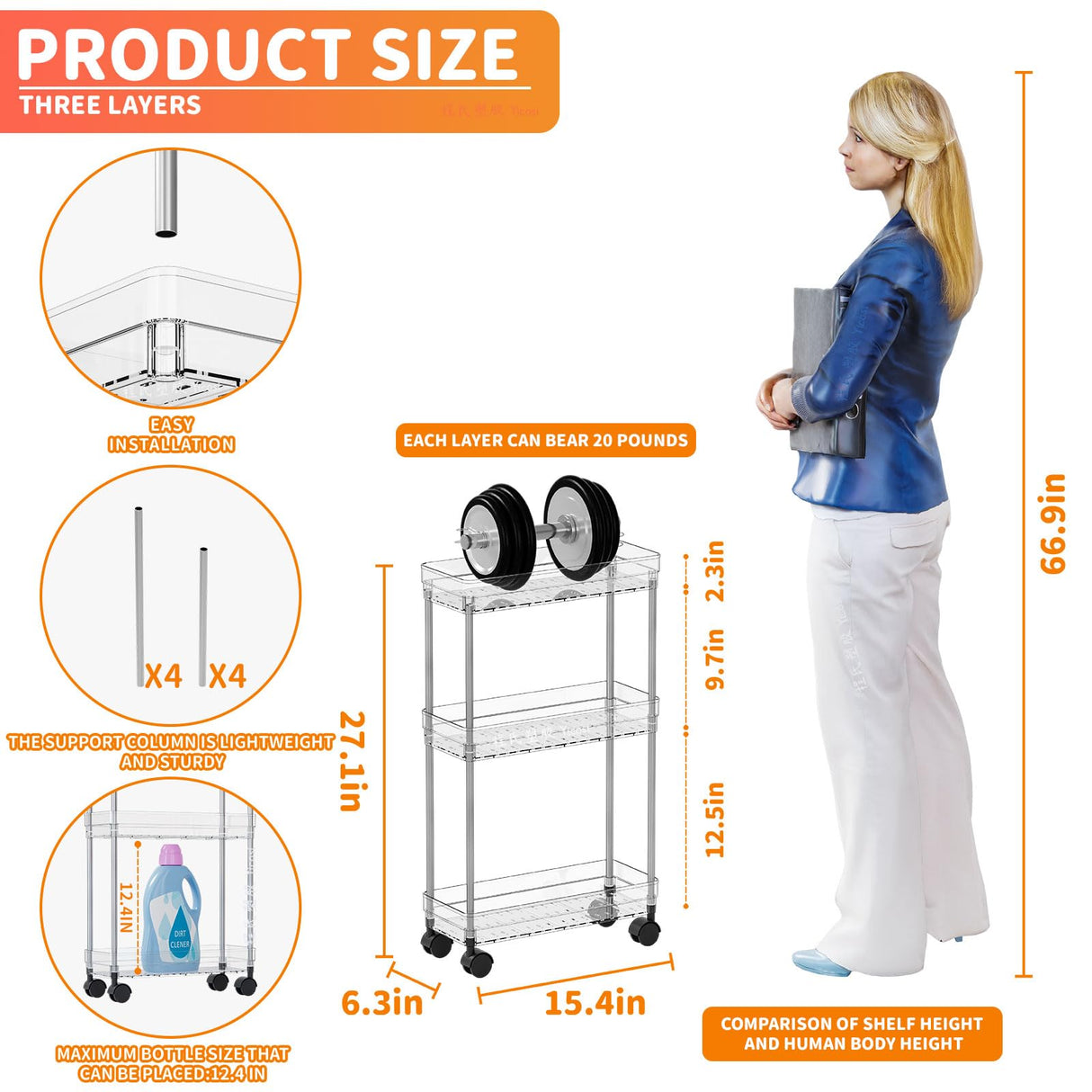 Yieach Slim Rolling Cart with Wheels for Small Spaces,3 Tier Skinny Utility Bathroom Storage Cabinet & Laundry Room Organization,5.1″W Narrow Shelf Unit for Small Spaces,Toilet Side,Office,Kitchen Yieach