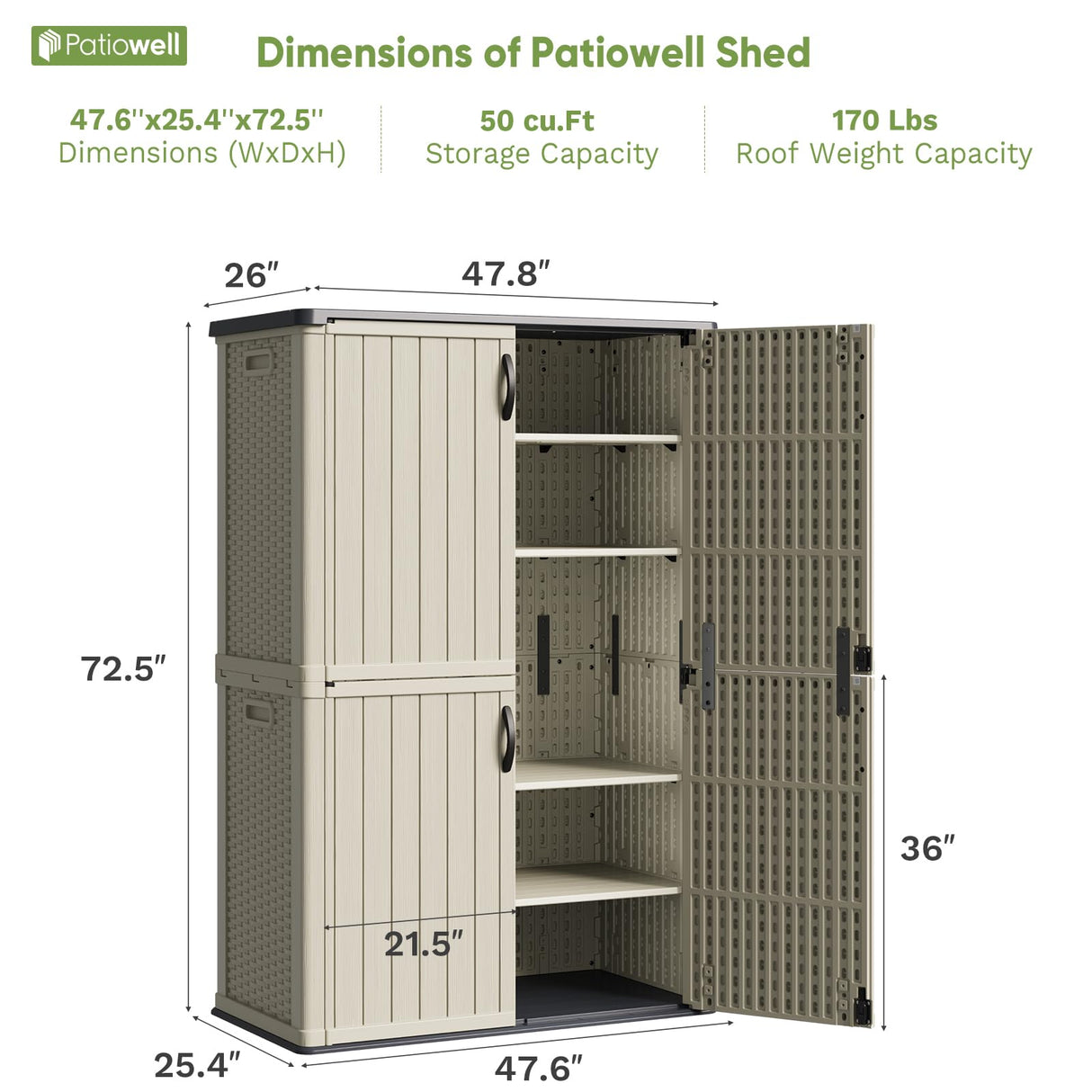 Patiowell 50 cu.ft Plastic Outdoor Storage Shed, Lockable Waterproof Resin Storage Cabinet Vertical Storage Shed for Garden Tools, Garbage Cans, Pool Supplies, Beige(Not Include Shelves) Patiowell