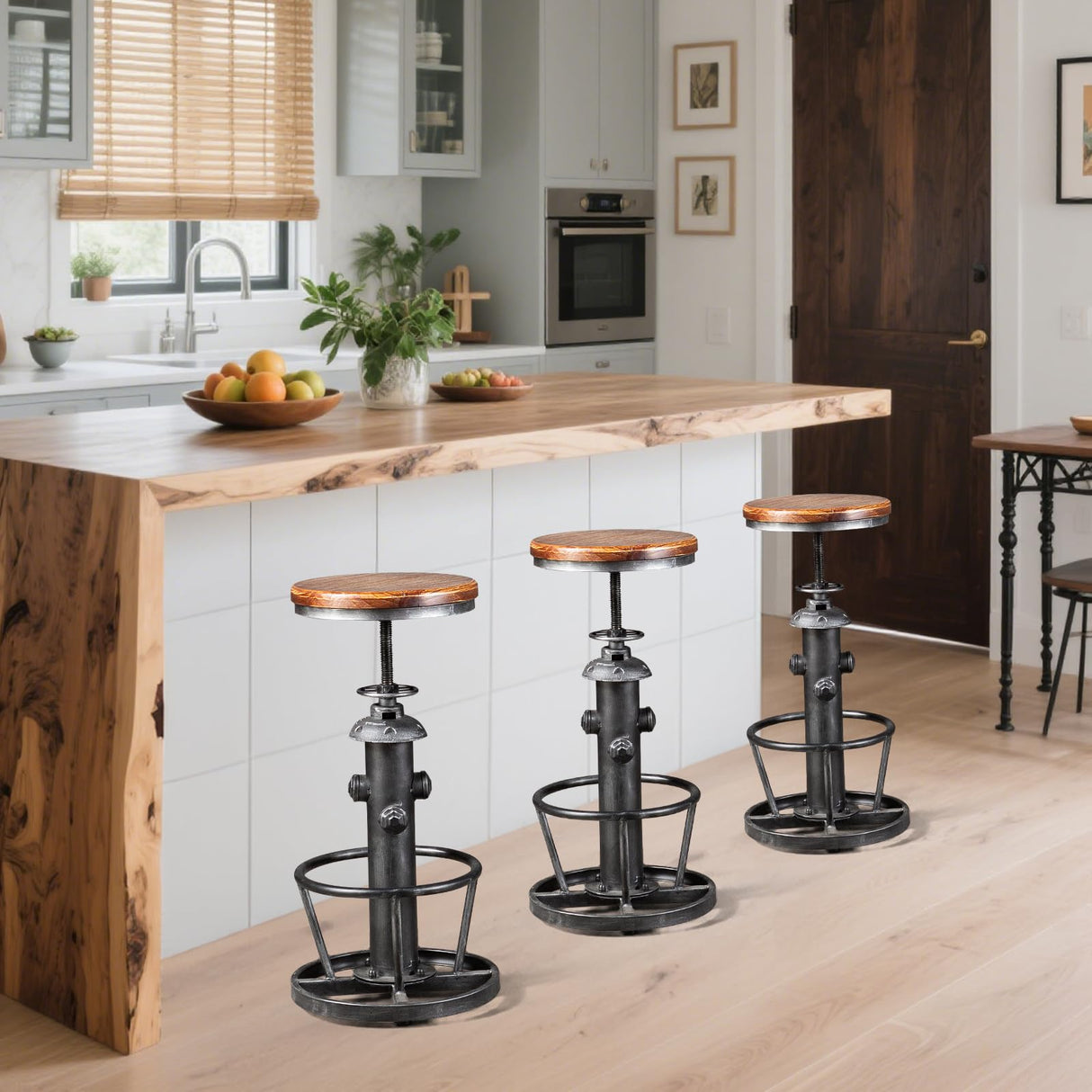 Topower Antique Industrial Round Bottom Adjustable Height Cafe Coffee Retro Vintage Stylish Water Pipe Design Pub Kitchen Bar Stool (Silver, Wooden Top) Topower