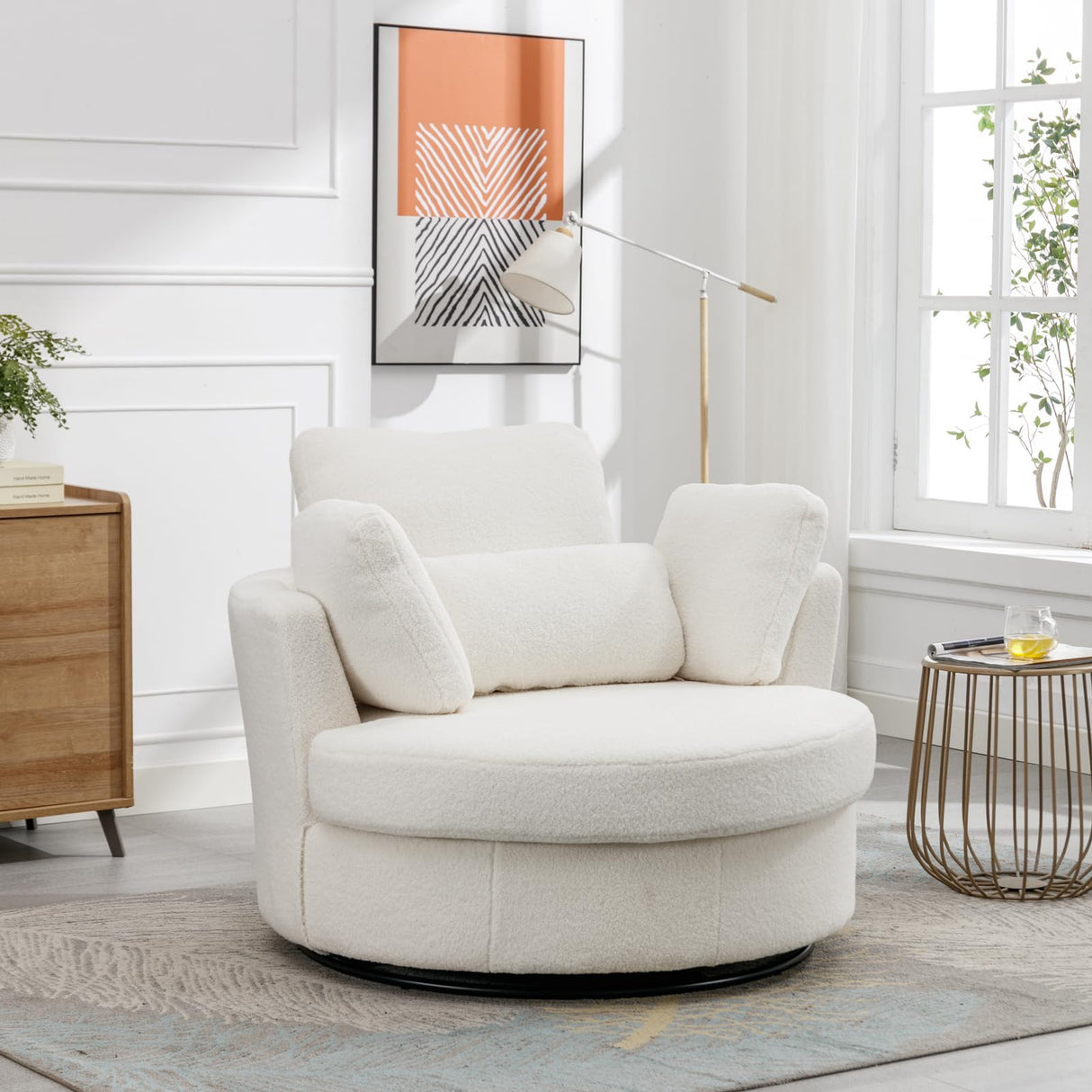 Chifee & Vingol 42.2" Oversized Swivel Accent Chair Round Barrel Chair,Sherpa,Ivory Chifee & Vingol