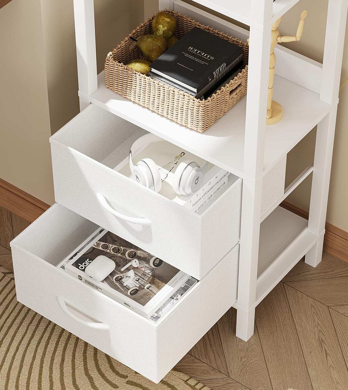 VIMBER Tall Bookshelf with Drawers, 6-Tier Bookcase for Books, Garage Kit, CDs, Movies, Modern Standing Bookshelves Storage Organizer for Bedroom Office Living Room White USSJ002W VIMBER