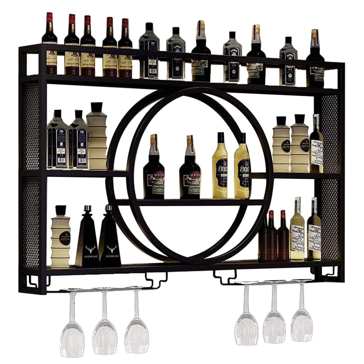 Modern Wine Storage Rack Wall Mounted With LED Light With Wine Glass Holder,Iron Bar Liquor Shelf,Floating Wall Wine Shelves,Bar Liquor Bottle Display Shelf For Kitchen Bar Decoration Gold/Black ( Col AKOGG