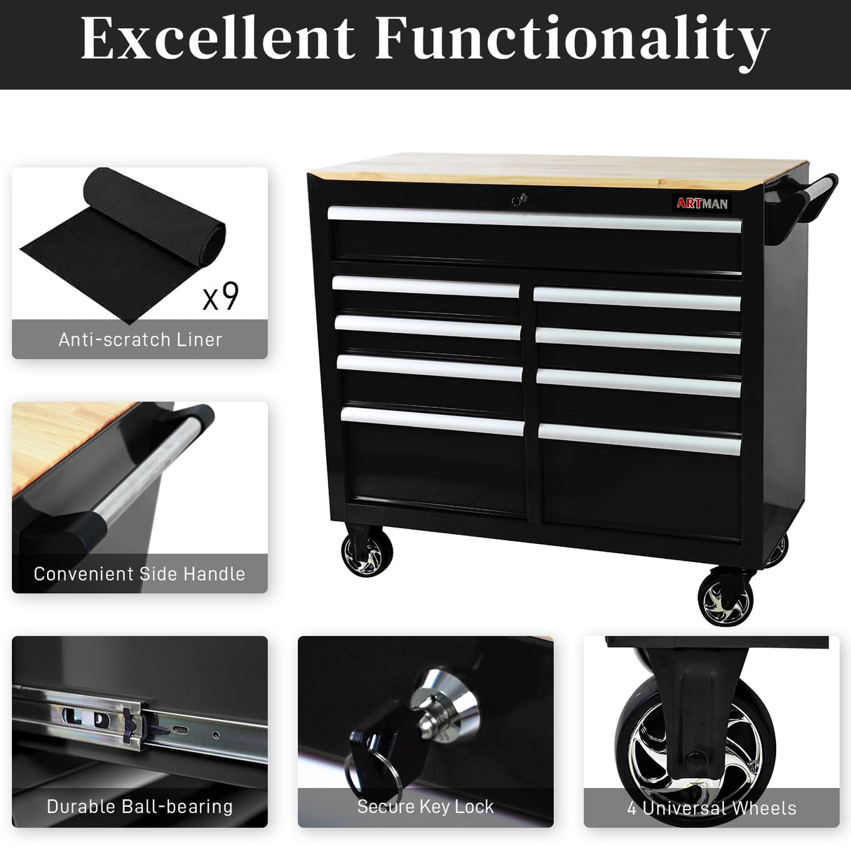 WTRAVEL Heavy Duty Rolling Tool Chest with 9-Drawer Wood Top Tool Cart Mechanic Tool Box with Wheels Tool Storage Cabinet Workbench High Capacity for Garage, Warehouse, Workshop, Repair Shop (Black) WTRAVEL