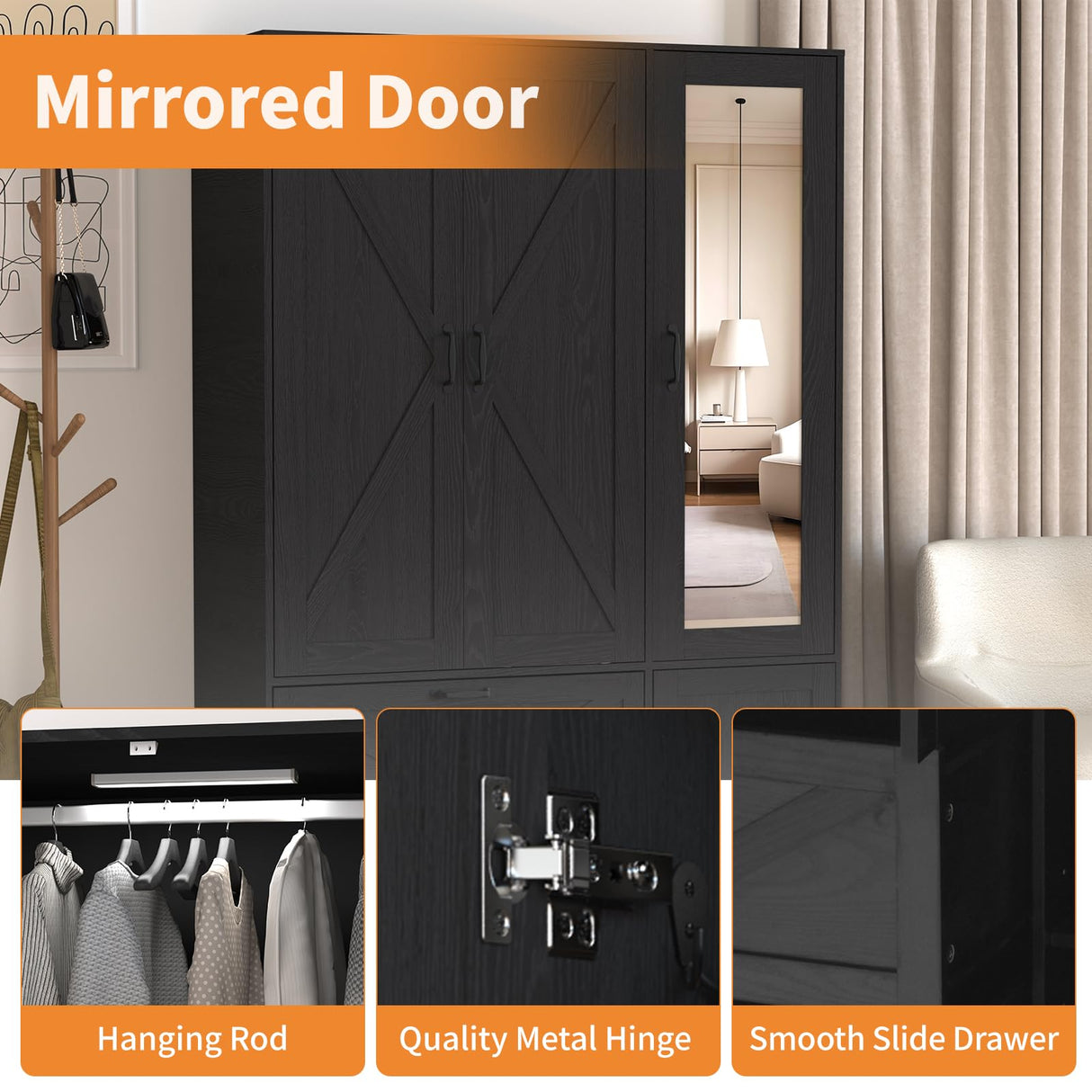 UZUGUL Armoire Wardrobe Closet with Mirror and 2 Drawers, 72''H Bedroom Armoire Wardrobe Cabinet with Hanging Rod and Light,Wooden Bedroom Closet with Adjustable Shelf UZUGUL