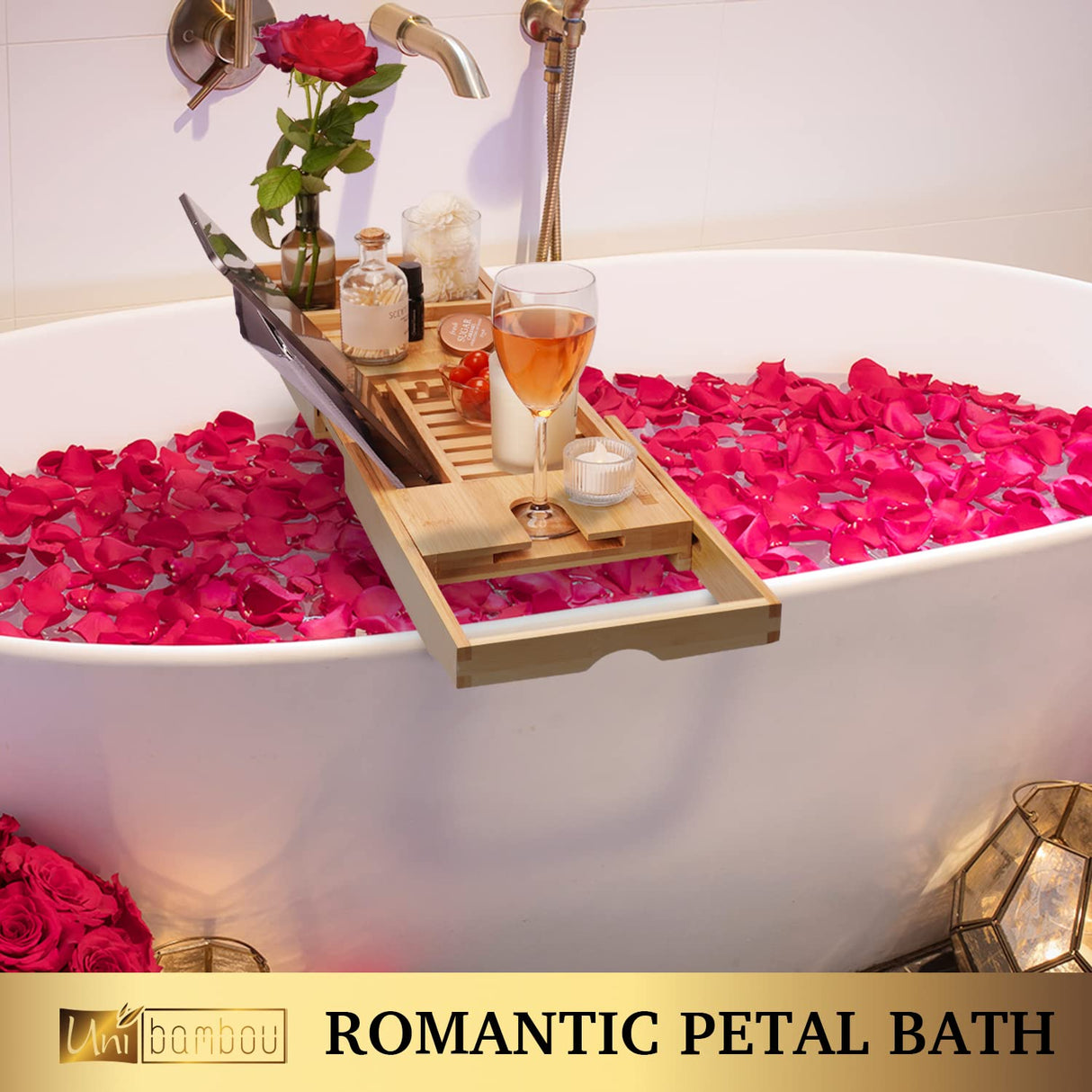 Bamboo Bathtub Caddy Tray for Luxury Bath, Expandable Bath Tray for Tub with Book and Wine Holder- Gift Idea for Loved Ones Unibambou