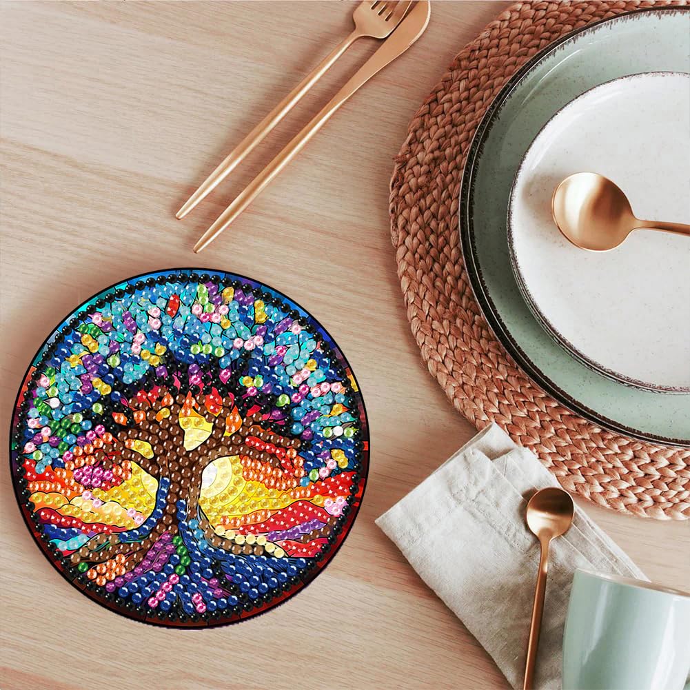 ijbnhd 8 PCS Tree of Life Diamond Art Coasters Diamond Painting Coasters Kits with Holder Tree of Life DIY Coasters for Beginners Adults Crafts Supplies 4X4inch (Cork Wooden Pad) ijbnhd
