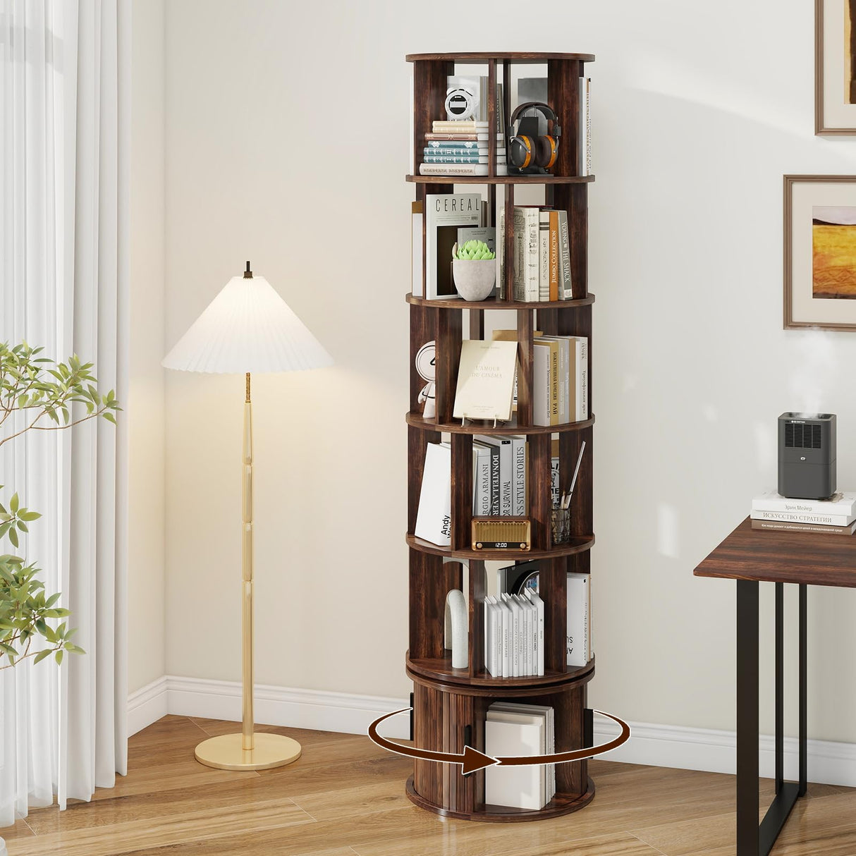 Vabches 6-Tier Rotating Bookshelf, Round Revolving Bookcase Organizer, 360° Spinning Book Shelf Tower, Rolling Bookshelves for Small Spaces, Living Room, Bedroom, Study, Office, Walnut Vabches