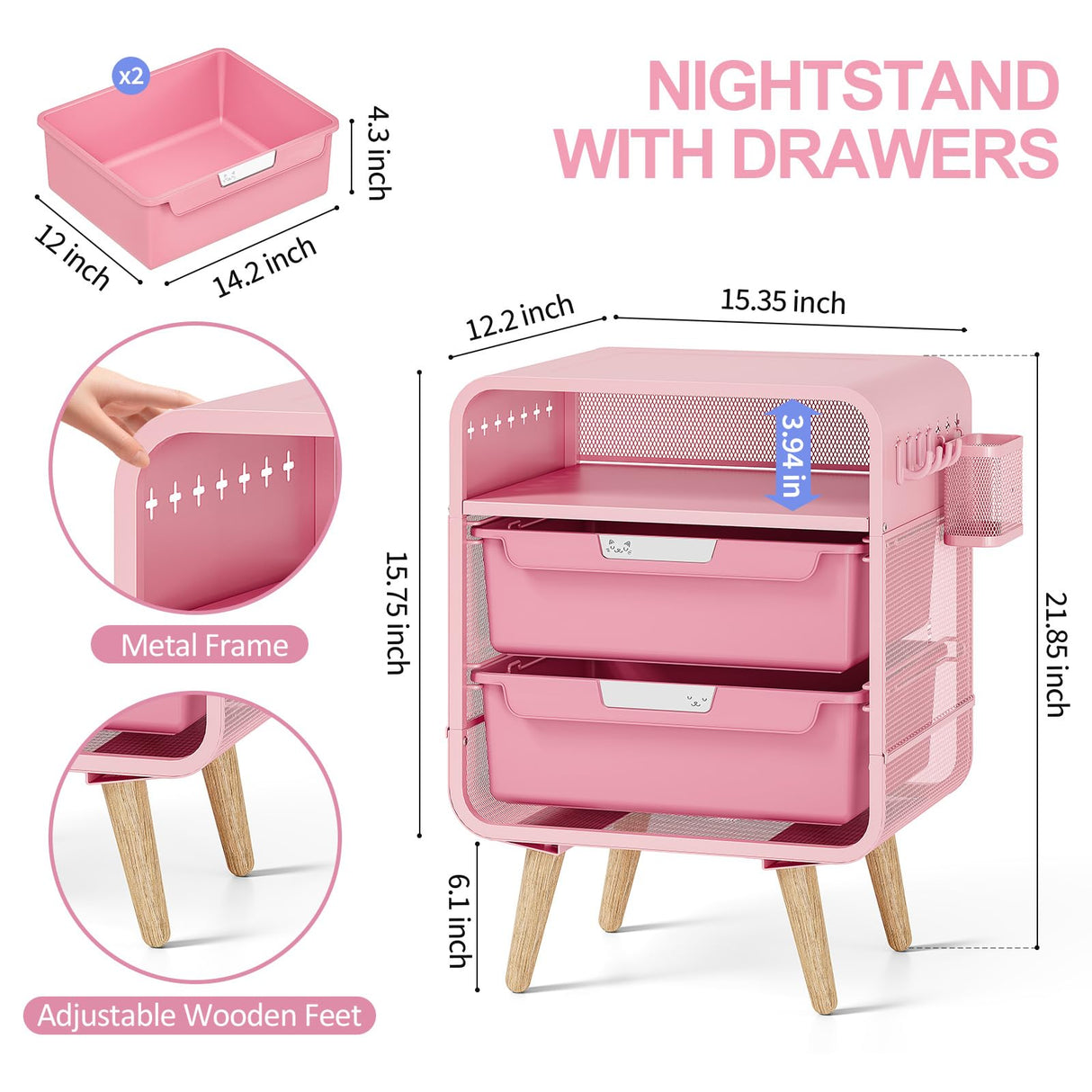 SYKIARIOL Pink Nightstand,Cute End Table with Storage Drawer,Kids Nightstand for Bedroom Furniture,Bedside Table Small Pink Desk Coffee Table for Living Room, Dorm,Office SYKIARIOL