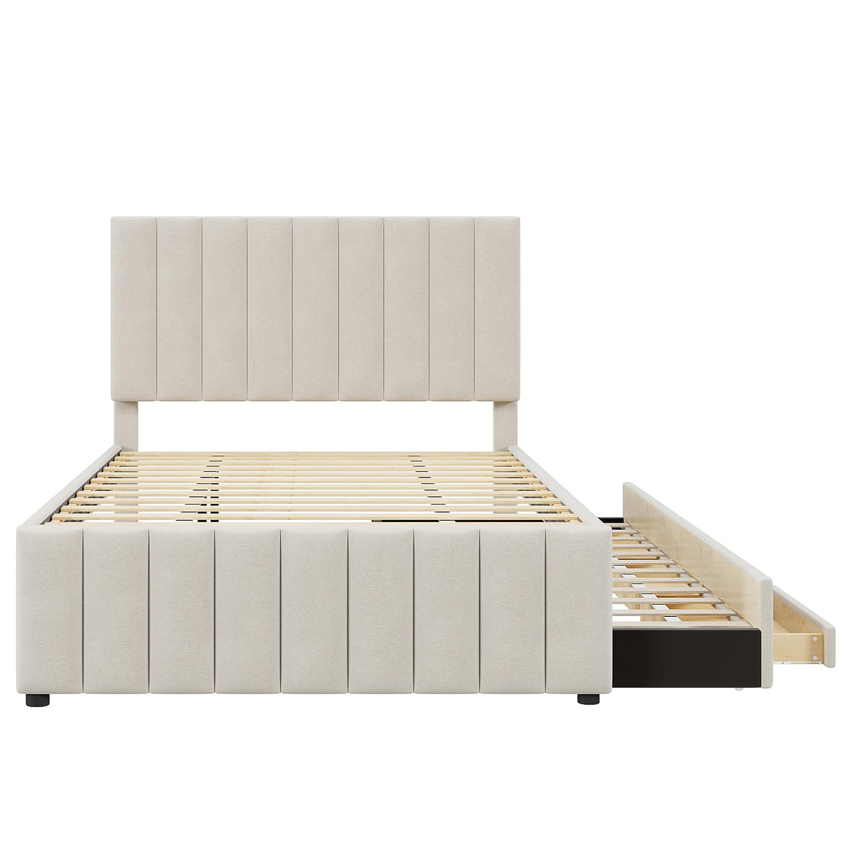 Merax Full Size Upholstered Platform Bed with Trundle and 3 Storage Drawers, Full Bed Frame & Tall Stripe Headboard for Bedroom, Solid Wood Slats Support, No Box Spring Needed, Easy Assembly, Beige Merax