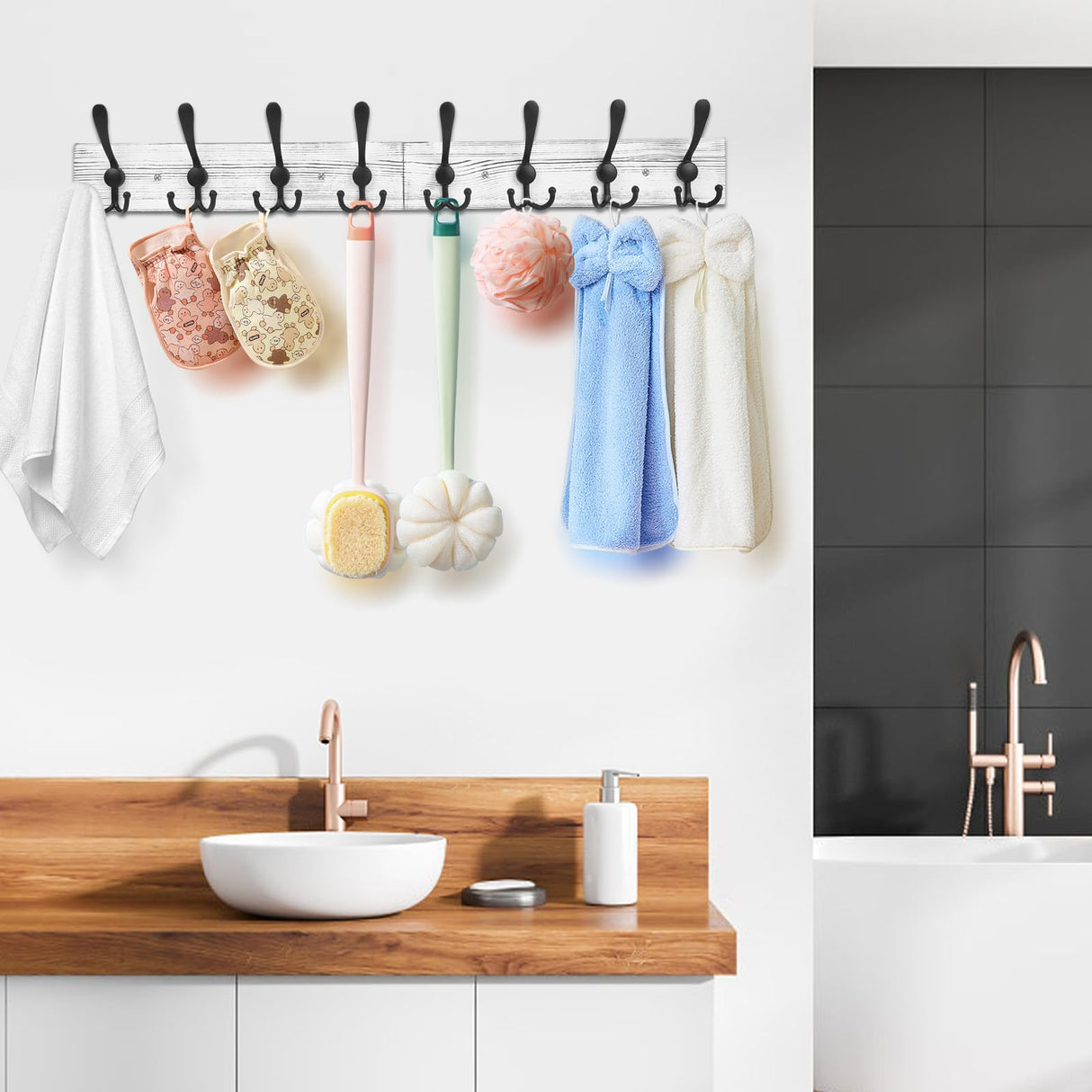 IBosins Wall Mounted Coat Rack, 31-2/5'' Long, Entryway Hanging Coat Rack, Metal Wood Coat Rack with 8 Black Rustic Tri-Hooks Rail for Coat, Bag, Towel, Key, Hat, Umbrella IBosins