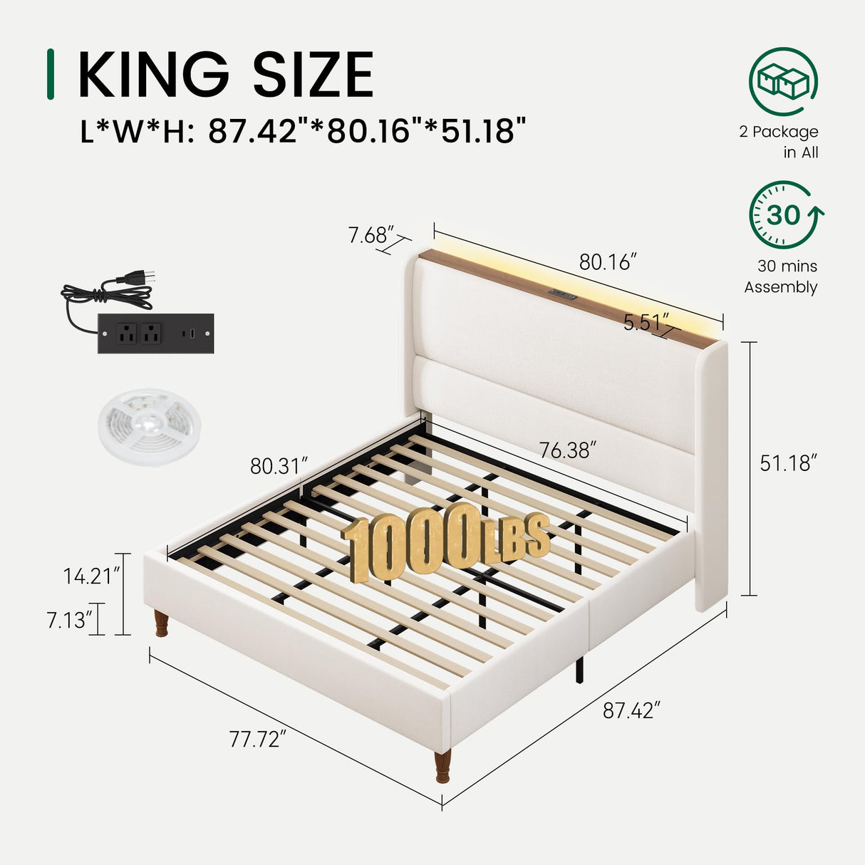 LARMACE King Size Bed Frame with LED Lights and Charging Station Linen Upholstered Platform Bed Frame with 51.2" Tall Wingback Headboard and Storage Shelf, No Box Spring Needed, Easy Assembly, Beige LARMACE