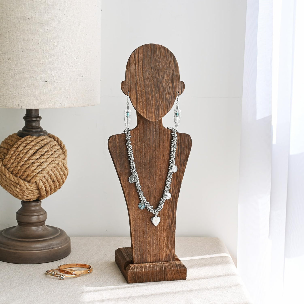 MOOCA Portable Wooden Mannequin Jewelry Stand, Jewelry Display Organizer for Earrings & Multiple Necklace, Brown Color MOOCA