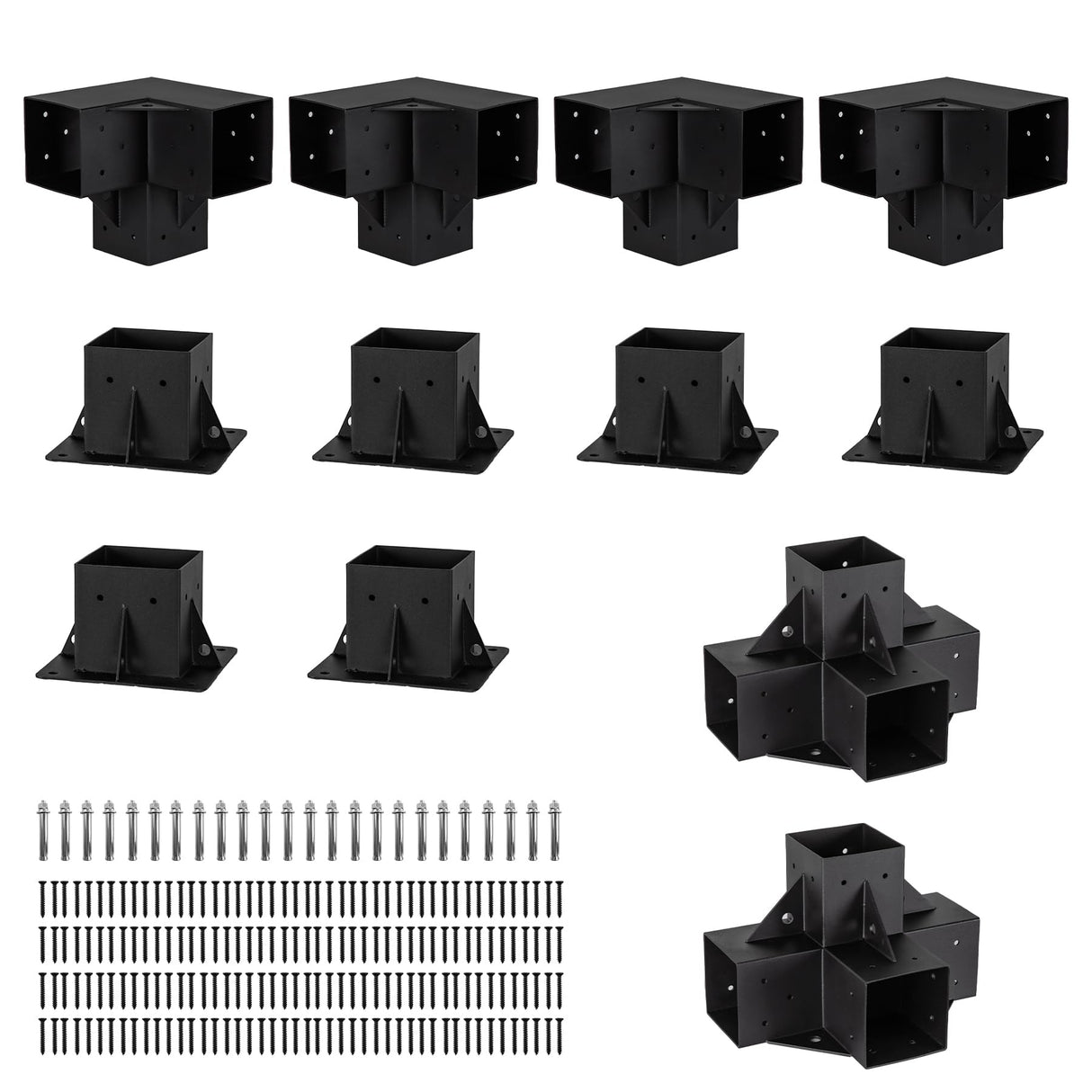 Neorexon Pergola Bracket Kit Elevated Wood Stand Kit Woodwork 4" x 4" (Actual 3.5" x 3.5"), Solid Steel DIY Pergola Hardware Kit, 6PCS Base Bracket & 4PCS 3-Way Corner Bracket & 2PCS 4-Way Bracket Neorexon