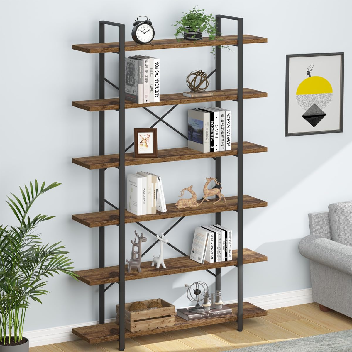 Industrial Modern 6-Tier Tall Bookcase in Rustic Brown - Open Wood and Metal Display Rack HSH