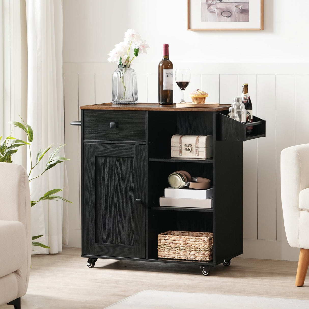 HOOBRO Kitchen Island, Storage Cabinet with Drawer, Kitchen Cart with Spice and Towel Rack, Saving Space, Easy Assembly, for Living Room, Rustic Brown and Black FB12ZD01 HOOBRO