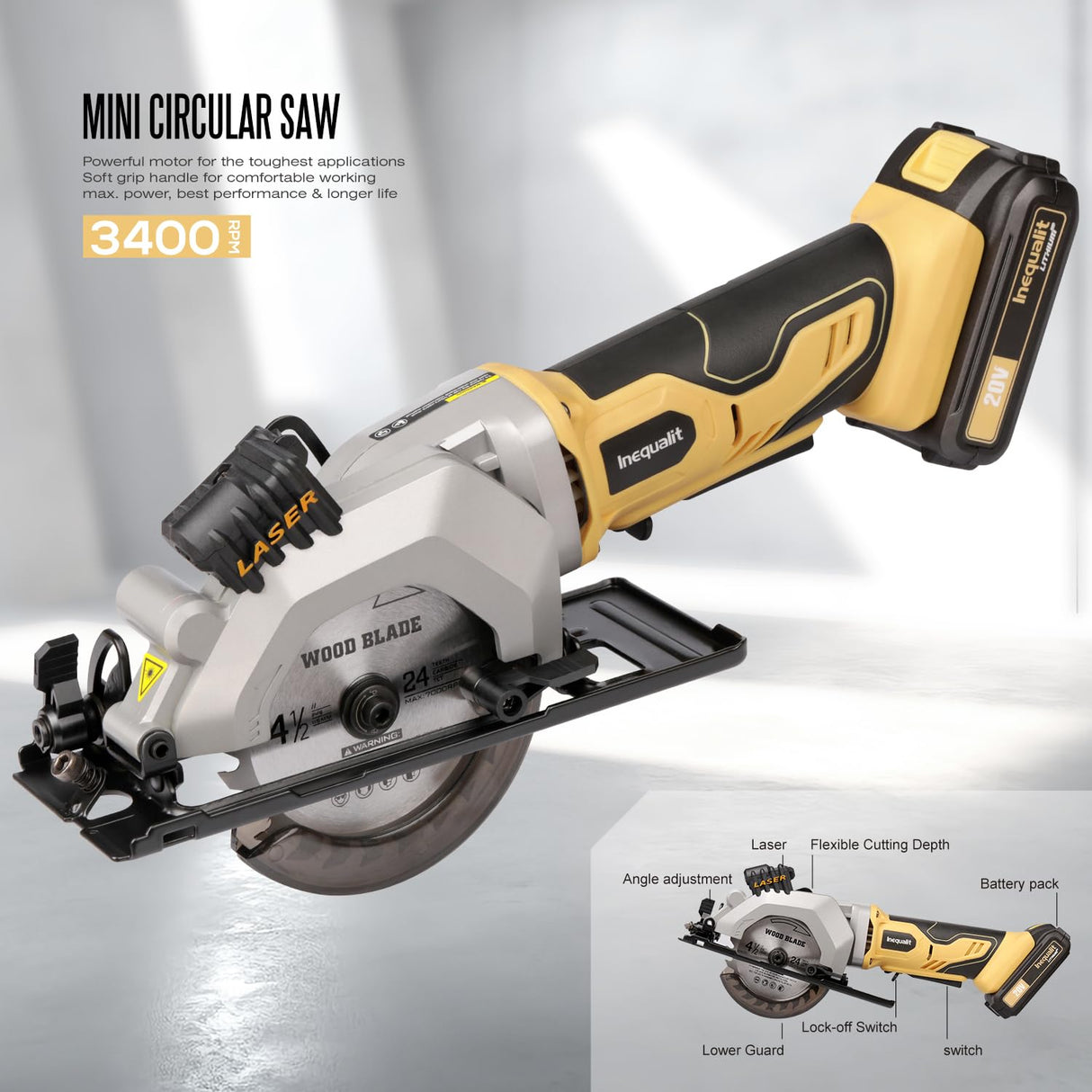 Inequalit 4-1/2 Inch Mini Circular Saw, 3400 RPM Cordless Circular Saw with Laser Guide, Rip Guides, 2 Blades (24T Wood + 60T Metal), Max Cutting Depth 1-11/16" (90°), 1-1/8" (45°)" Inequalit