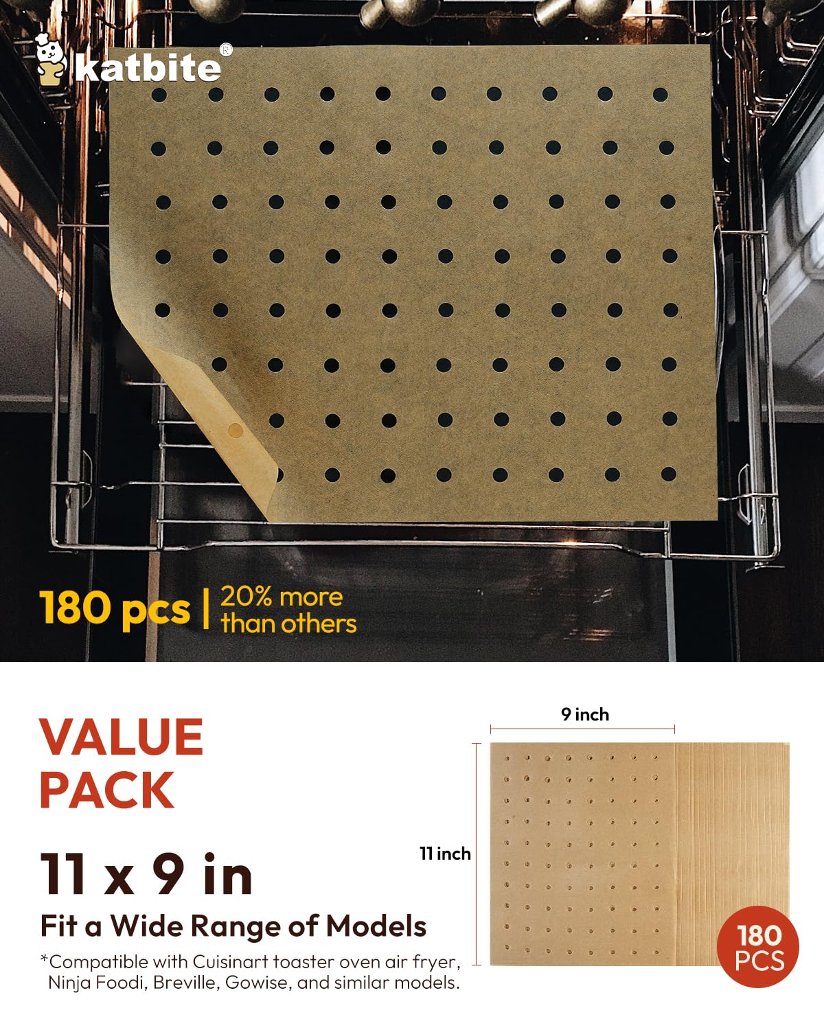 Katbite Air Fryer Parchment Paper Liners 180cs Airfryer Liners Disposable 9x11 Inch Perforated Parchment Paper Sheets Basket Liner Accessories For Toaster oven,Air Fryer, Fit Cuisinart, Ninja Foodi katbite