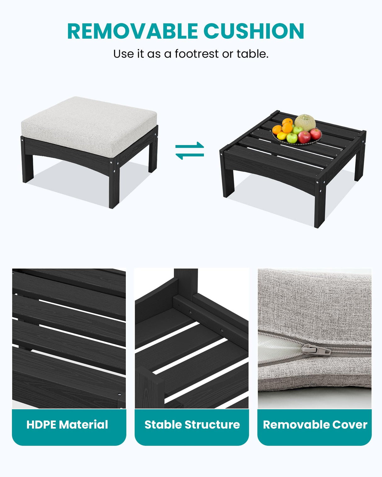 SERWALL 5-Piece Patio Sofas, All-Weather HDPE Outdoor Sectional Sofa with Cushions and Coffee Table, Large Modular Patio Conversation Set for Garden, Lawn, Deck, Porch, Black Frame with Khaki Cushion SERWALL