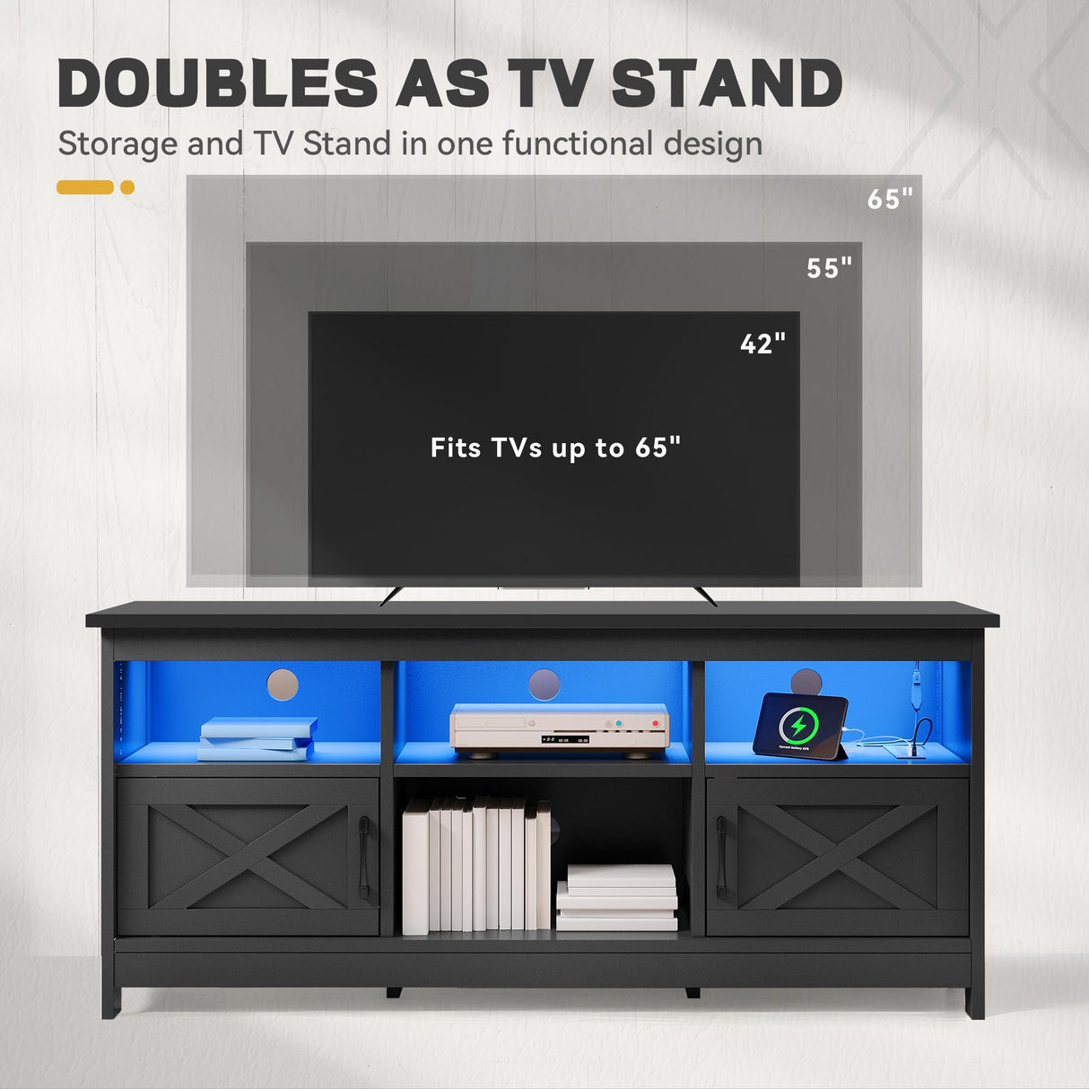 YITAHOME TV Stand for 65 Inch TVs, Entertainment Center with Storage Cabinets, Power Outlet & LED Light, Media Console Living Room Furniture, Black YITAHOME