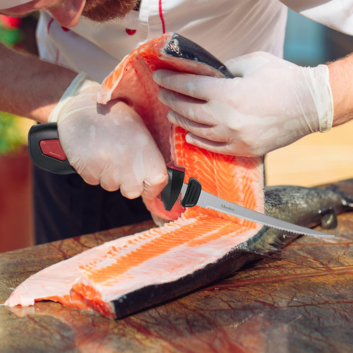 Mershca Cordless Electric Fillet Knife, with 5 Ti-Nitride S.S. Coated Non-Stick Reciprocating Blades & Cooling Hole Non-Slip Grip Handle & Practical handbag, Rechargeable Electric Knife for Fishing Mershca