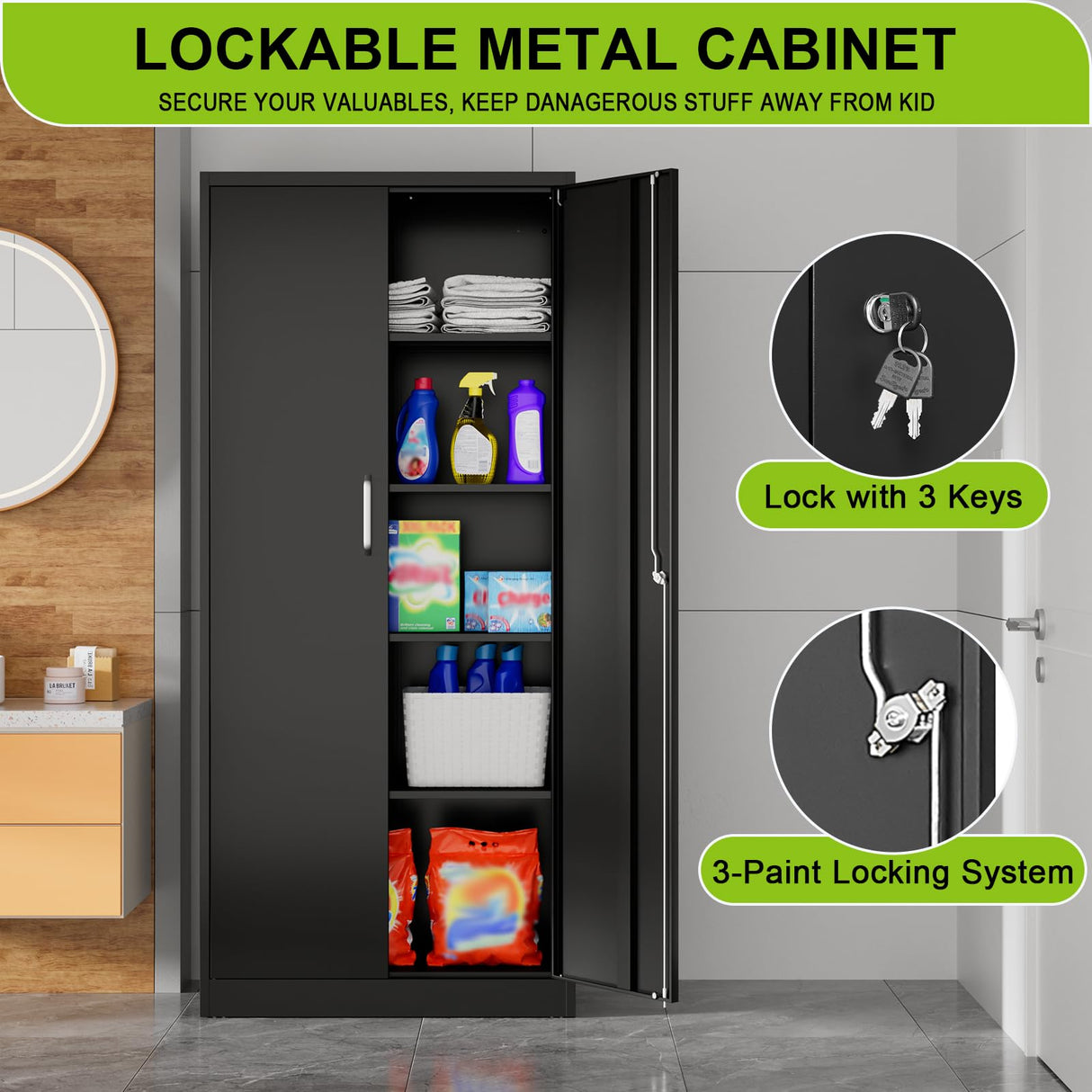 Garage Storage Cabinet with Lock, 71" Tall Cabinet with Doors and Adjustable Shelves, Heavy Duty Metal Cabinets and Storage System, Steel File Cabinet for Home Office,Workshop - Assemble Required Polup