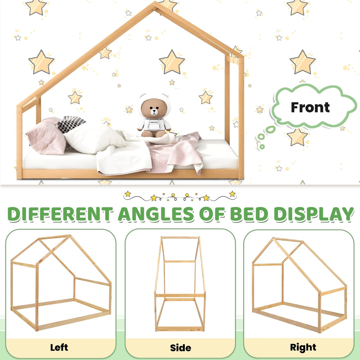 Merax Kids Twin Bed Frame with Rooftop, Montessori Wooden House Design, Sturdy and Easy to Assemble Merax