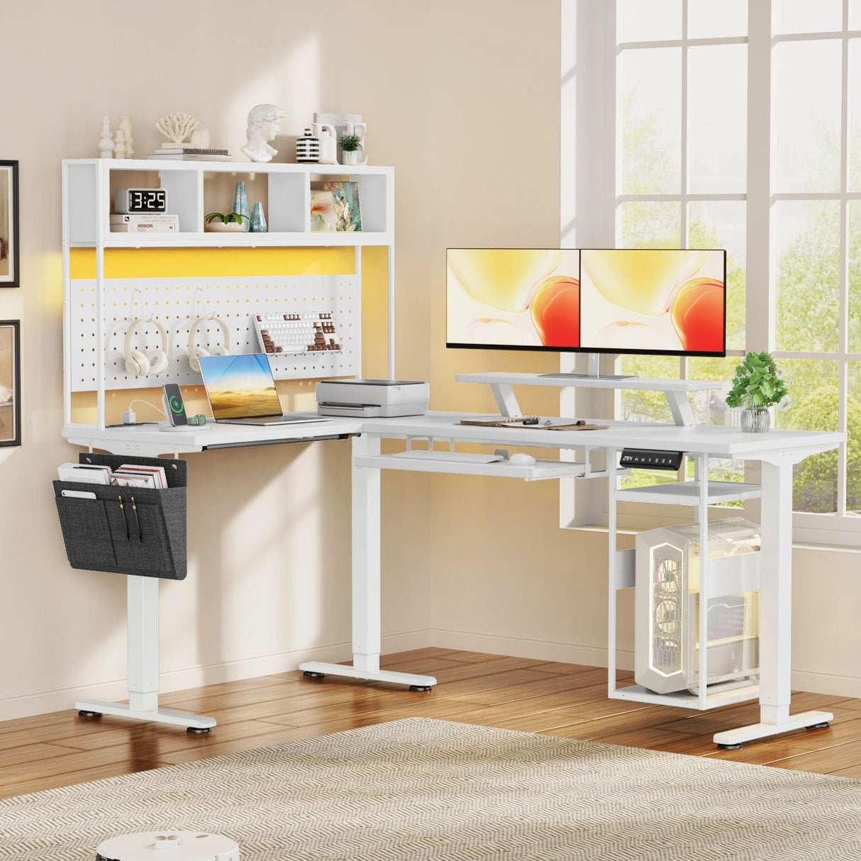 Flycity Electric L Shaped Standing Desk Adjustable Height, 67" x 47" Corner Computer Desk with Host Shelf, Gaming Desk with LED Lights & Power Outlet, Dual Motor Home Office Desk with Storage, White Flycity