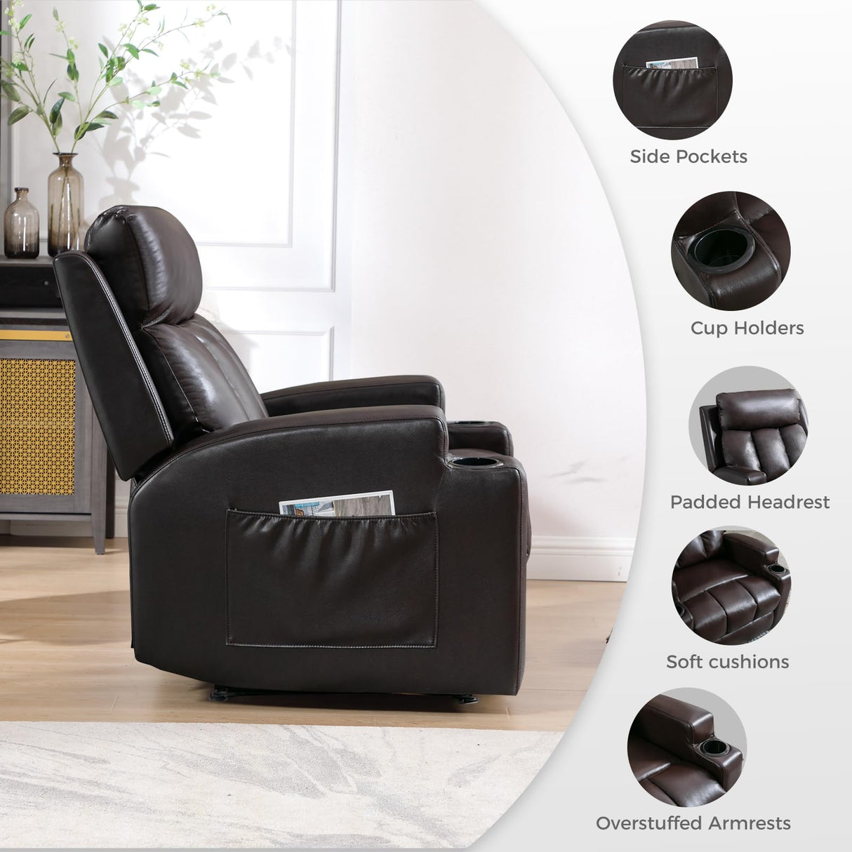CANMOV Manual Recliner Chair with Massage and Heat,Breathable Leather Recliner Chair with Armrest and Backrest, Manual Reclining Single Sofa with 2 Cup Holders, Side Pocket for Living Room,Dark Brown CANMOV