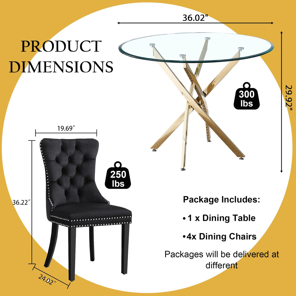 Modehodei 5-Piece Glass Dining Table Set for 4, Include 36" Round Tempered Glass Kitchen Table and 4 Black High Back Chairs for Dining Room, Living Room (Gold Legs) Modehodei
