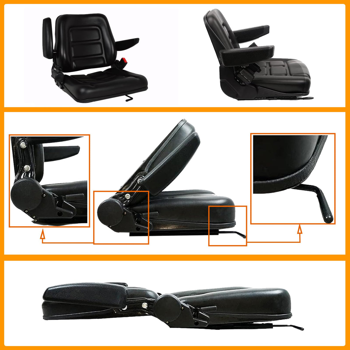 Universal Fold Down Forklift Seat Tractor Replacement Black PVC Mower with 180° Adjustable Backrest Angle, Armrests, Belt and Slide Fits Most Heavy Mechanical Tenqa