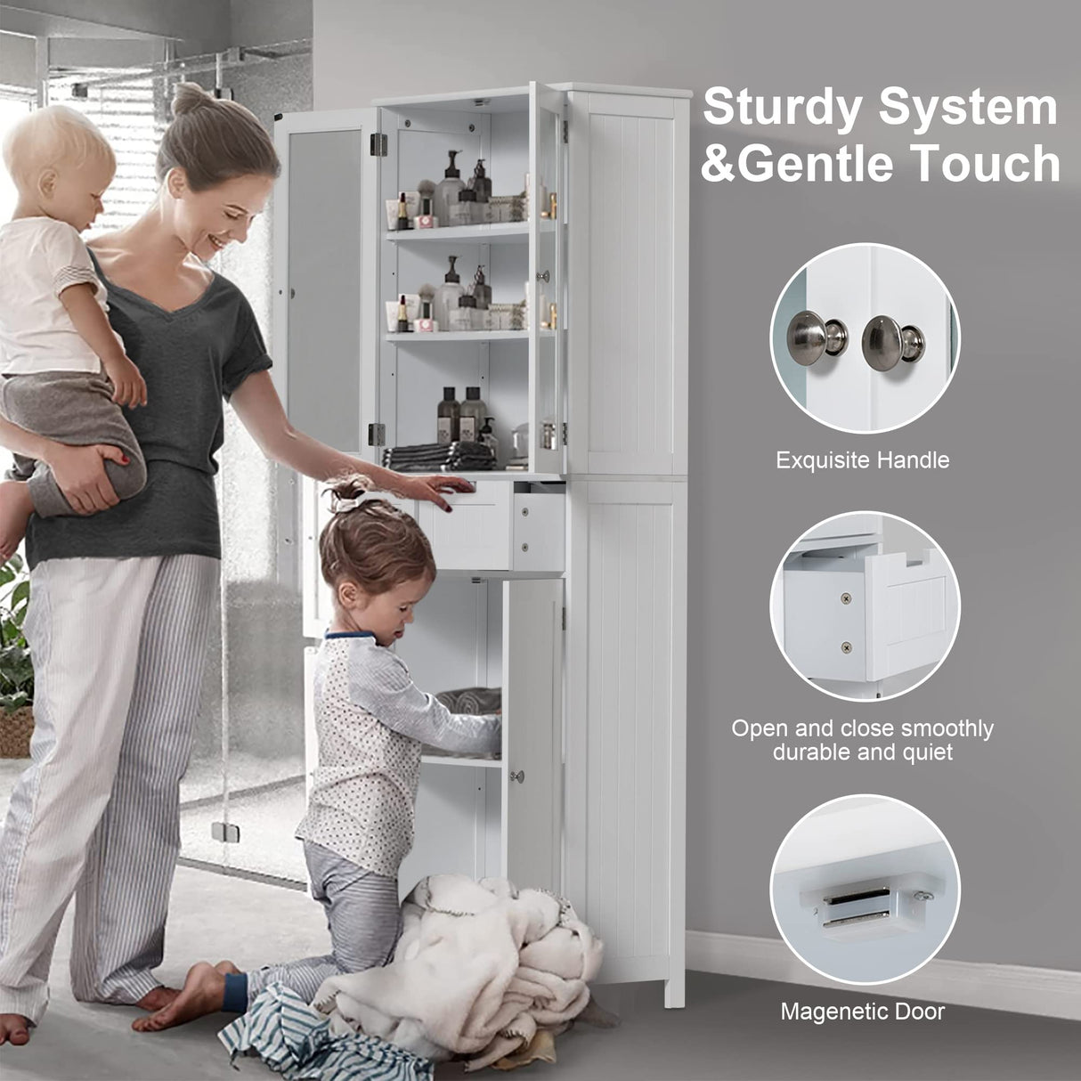 Bathroom Storage Cabinet with Drawers, 67" Tall Floor Linen Cabinet with Doors and Shelves, Freestanding Bathroom Towel Cabinet Organizer, White Accent Cupboard for Bathroom Kitchen Living Room Gitua