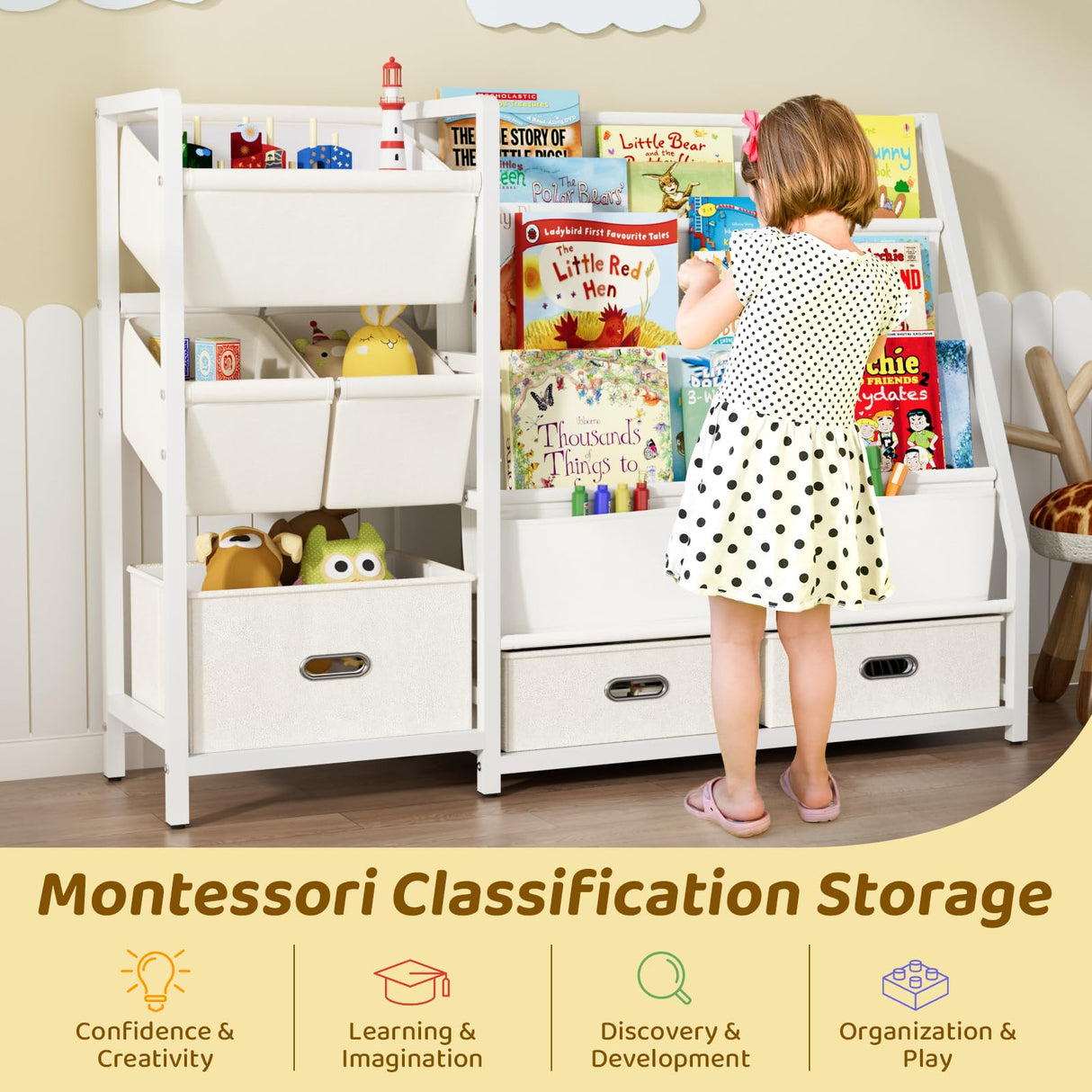 KIDINIX 3 Tier Kids Bookshelf and Toy Storage - Sling Book Shelf with Toy Organizer, Montessori Toddler Bookcase with 6 Toy Bins, for Playroom, Children Room, Nursery, Classroom, White KIDINIX