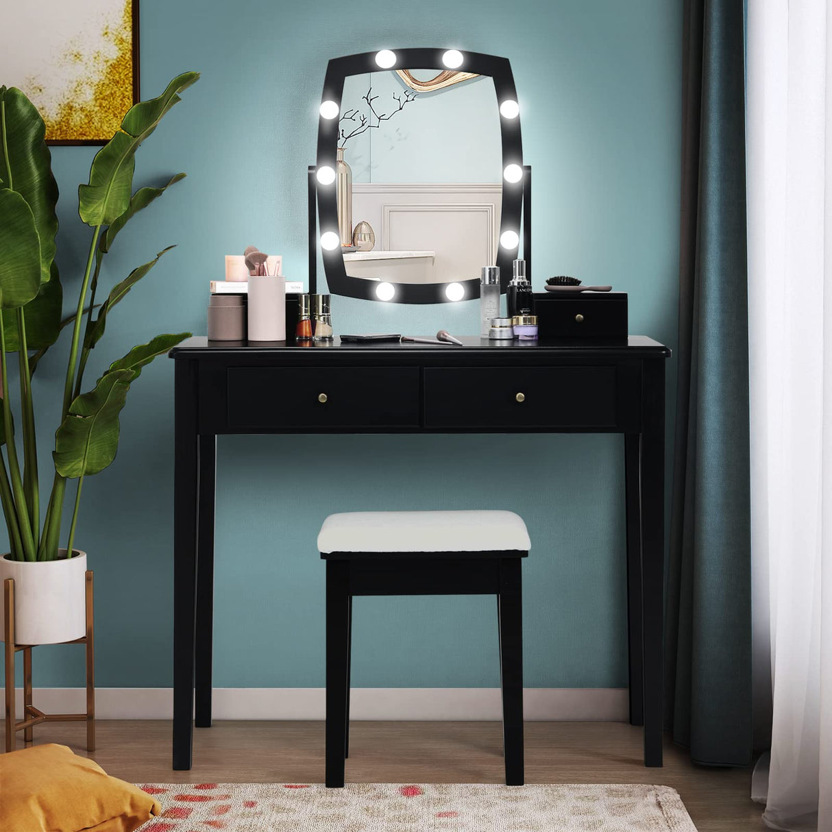 CHARMAID Vanity Table Set with Lighted Mirror, 10 LED Bulbs Adjustable Brightness, 4 Drawers 2 Dividers, Modern Bedroom Makeup Desk Dressing Table with Cushioned Stool for Girls Women (Black) CHARMAID