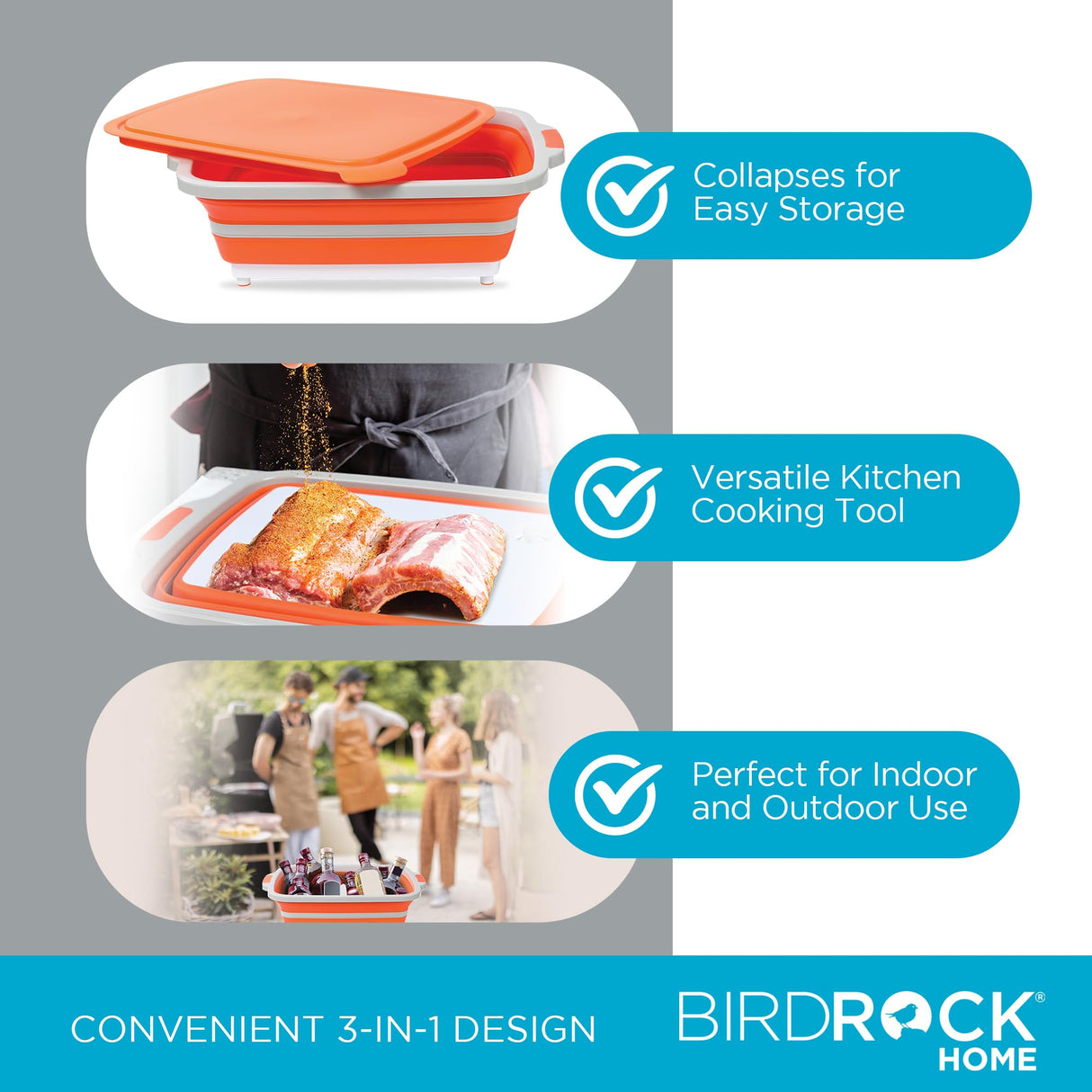 BIRDROCK HOME Collapsible Large BBQ Prep Tub w/Cutting Board, Multi-Function Grill Caddy w/Colander & Lid, Portable Silicone Dish Bowl for Picnic, Tailgate, Camping - Orange BIRDROCK HOME