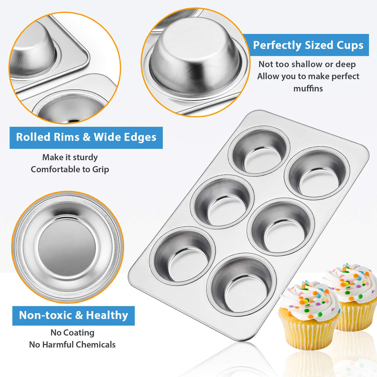 E-far Muffin Pan Set of 2, Stainless Steel Muffin Pan Tin for Baking, 6-Cup Metal Cupcake Pan Tray, Non-toxic & Healthy, Oven & Dishwasher Safe, Regular Size - 11.44 x 7.12 x 1.25 inch E-far