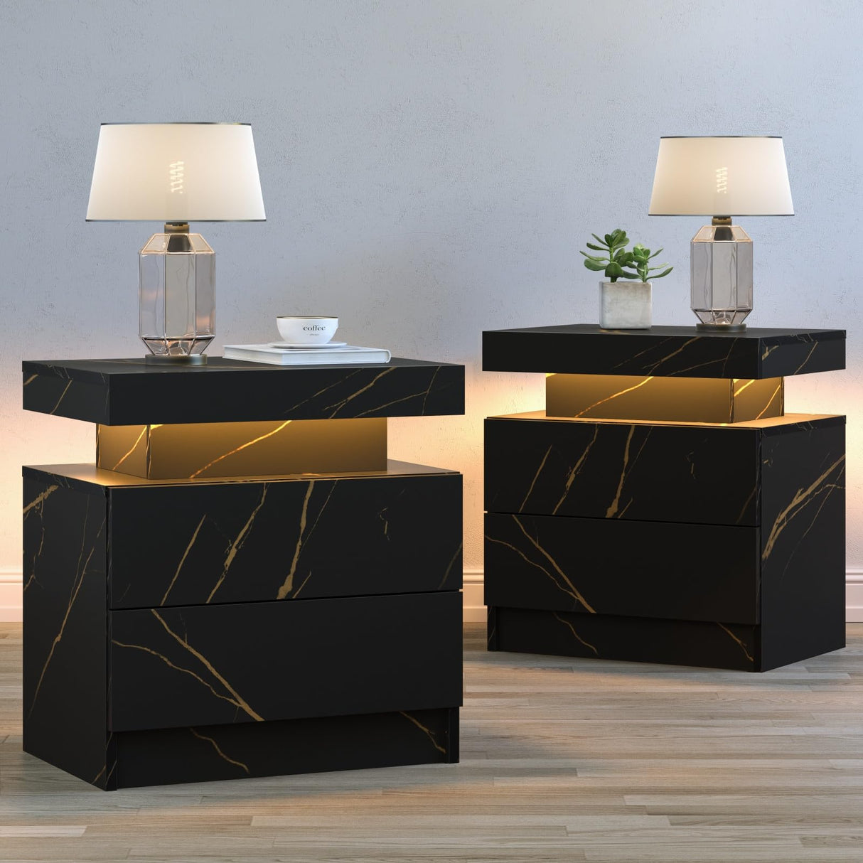Cubehom LED Nightstands Set of 2, Modern End Table with 2 Drawers, End Tables for Living Room Bedroom Black Cubehom