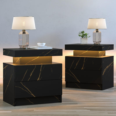 Cubehom LED Nightstands Set of 2, Modern End Table with 2 Drawers, End Tables for Living Room Bedroom Black