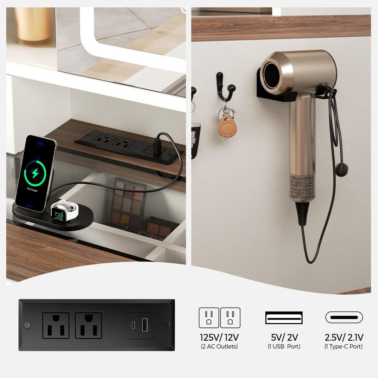 Farmhouse Makeup Vanity Desk with Sliding Mirror and Lights, Glass Desktop Makeup Vanity Desk with Charging Station, 3-Tier Hidden Slide-Out Vanity Shelves, Jewelry Storage Cabinet, 2 Drawers-White Jocoevol