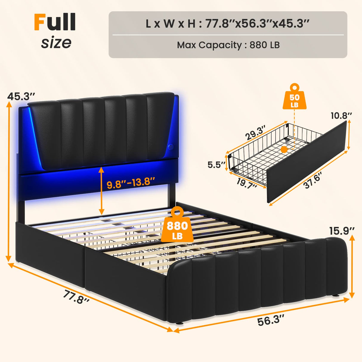 AOGLLATI Full Size Bed Frame with Adjustable Headboard, 4 Storage Drawers, LED Lights & USB Ports AOGLLATI