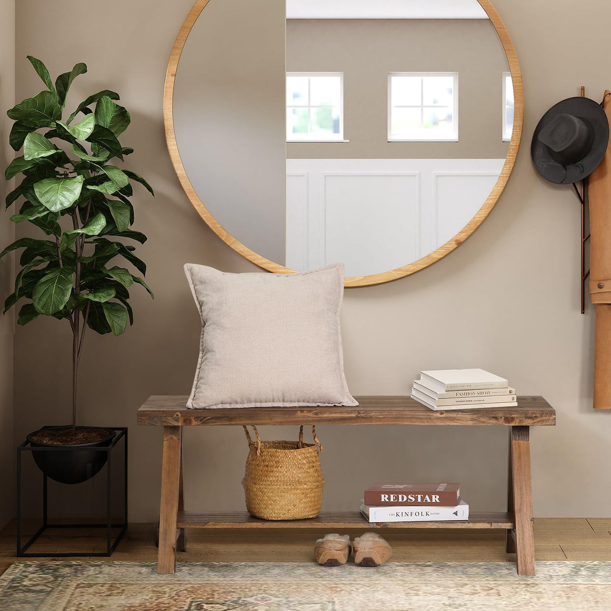 Wnutrees 43" Farmhouse Wood Bench, Long Rustic Indoor Storage Bench for Entryway, Living Room, Dining Room, Solid Wood Construction, Original Wood Wnutrees