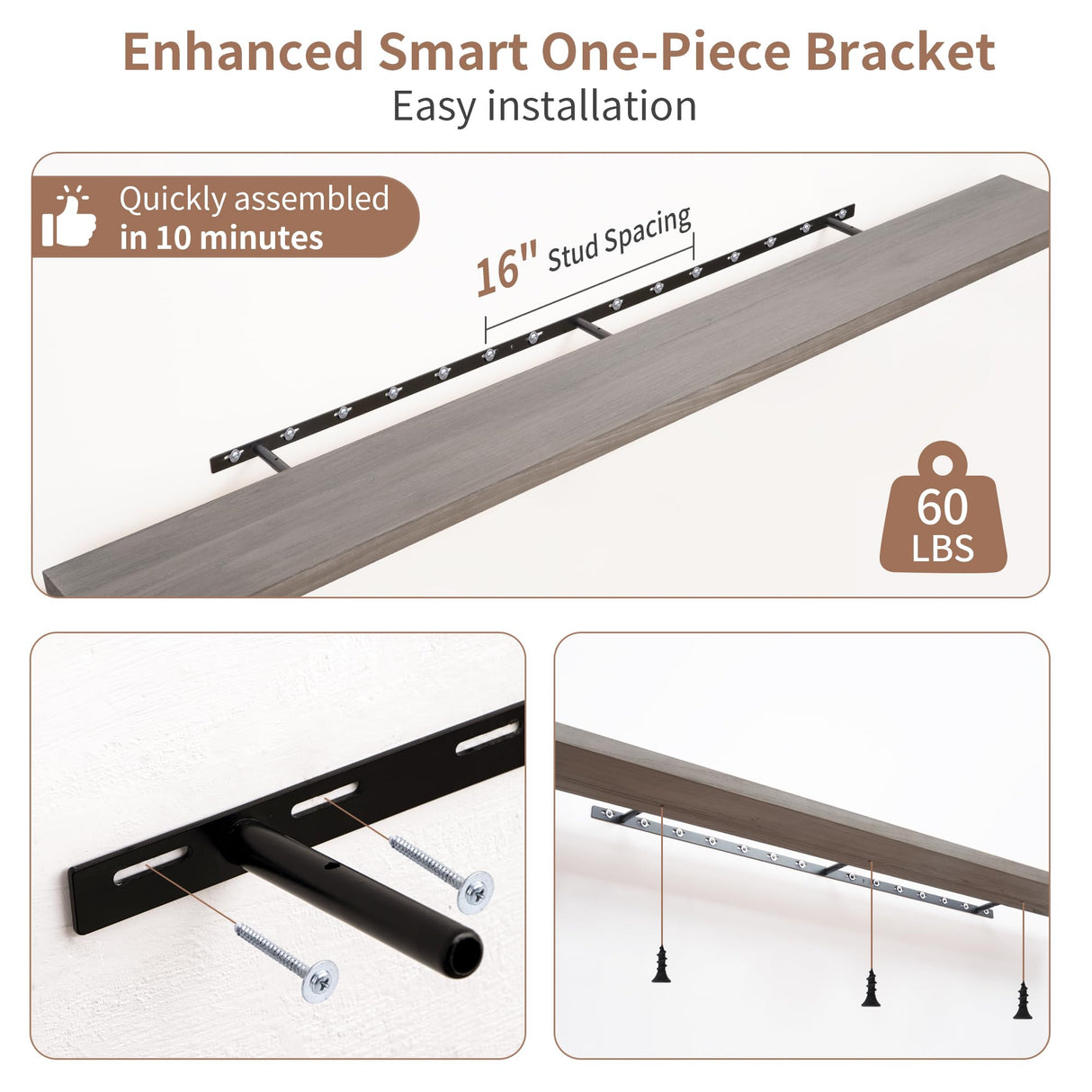 Axeman 72 Inch Fireplace Mantel Shelf - 8 Inch Deep Rustic Solid Elm Wood Floating Shelf, Wall Mounted Farmhouse Display Shelf with Invisible Heavy Duty Metal Bracket, Grey Axeman